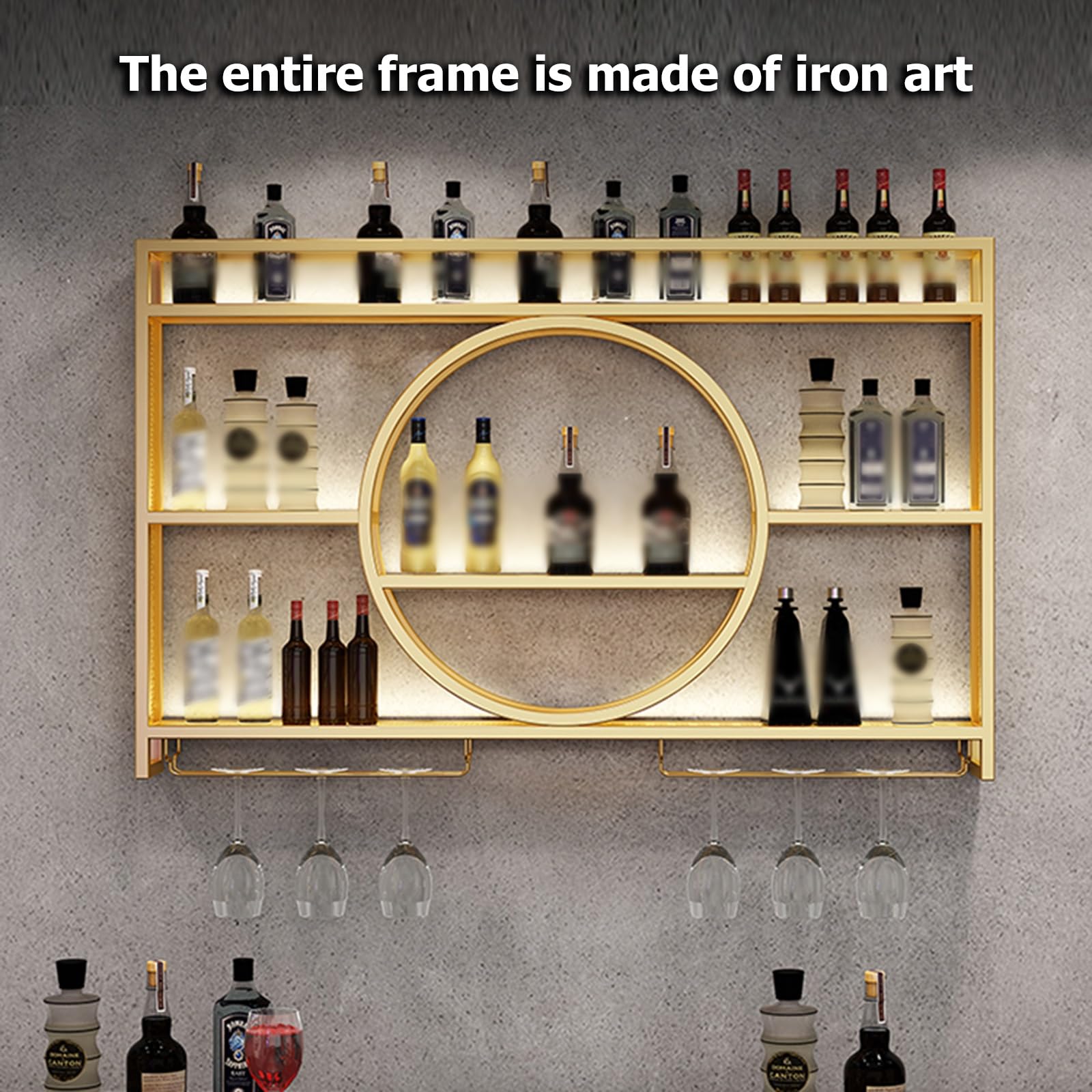 Estante de exhibición industrial montado en la pared con luz LED para botellas de vino, decoración dorada de cocina, bar