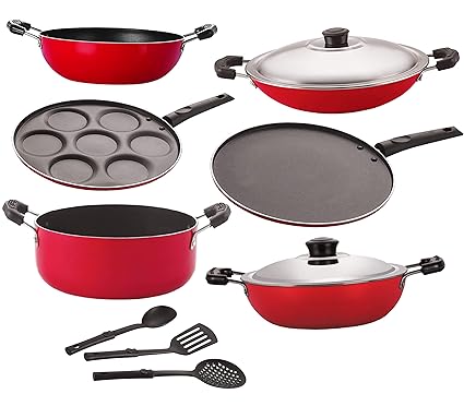 Nirlon Nonstick Aluminium Cookware Combo Set, Red-9 Pieces [26_KD12_DKDB_CH_UP_Cass20_ST12_3SPN]
