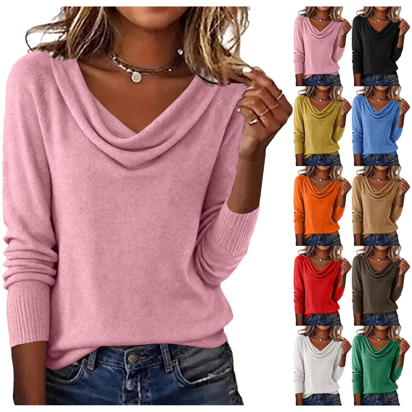Cowl Neck Sweater for Women Cashmere Long Sleeve Knit Pullover Cozy Fall Winter Tops Lightweight Basic Trendy Outfits