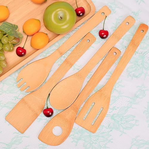 Miniatura 4 de Juego de utensilios de cocina, juego de utensilios de cocina de madera de bambú con cucharas y espátula para utensilios de cocina antiadherentes,