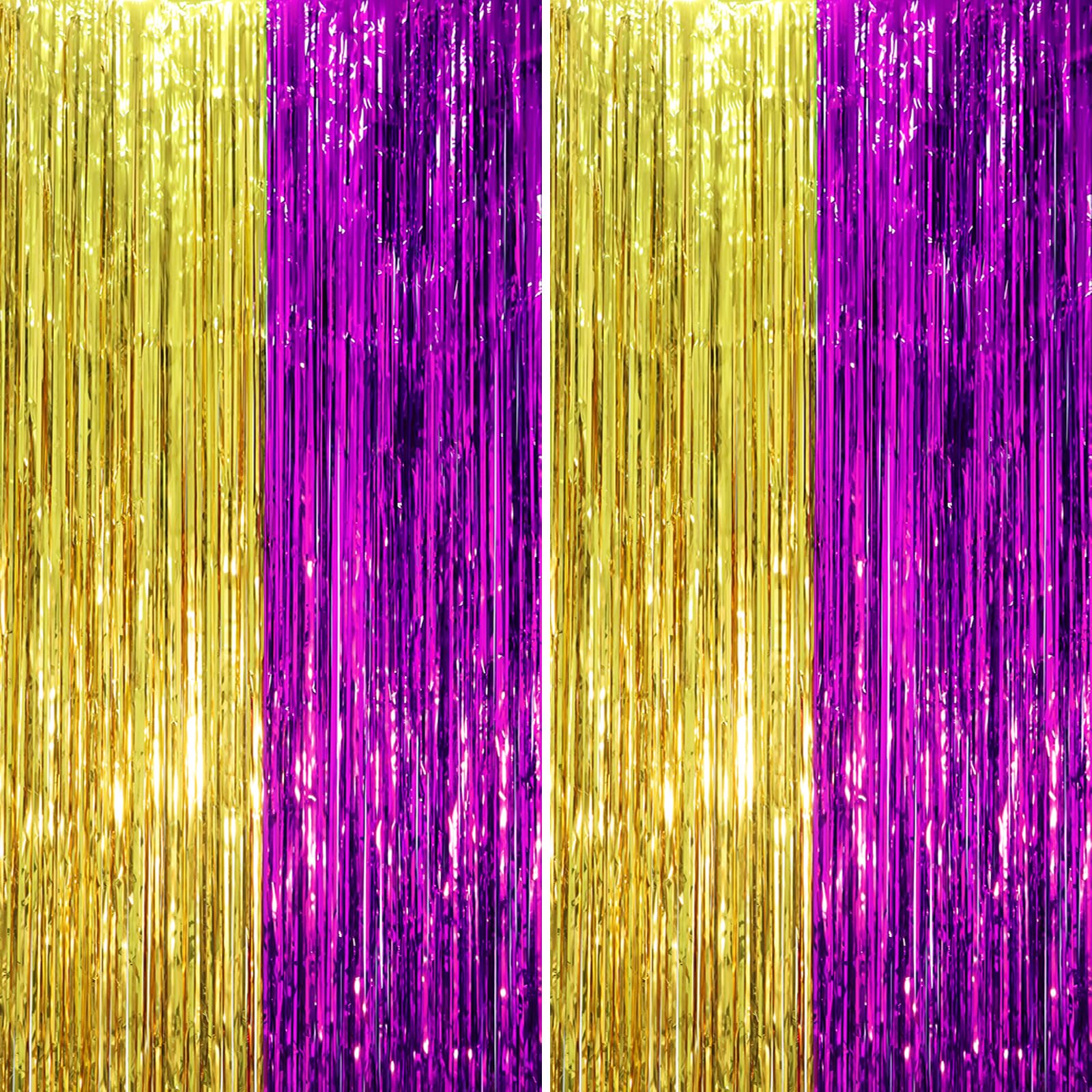 Voircoloria Purple Gold Foil Fringe Backdrop Curtains,3.3x6.6ft, 2 Pack