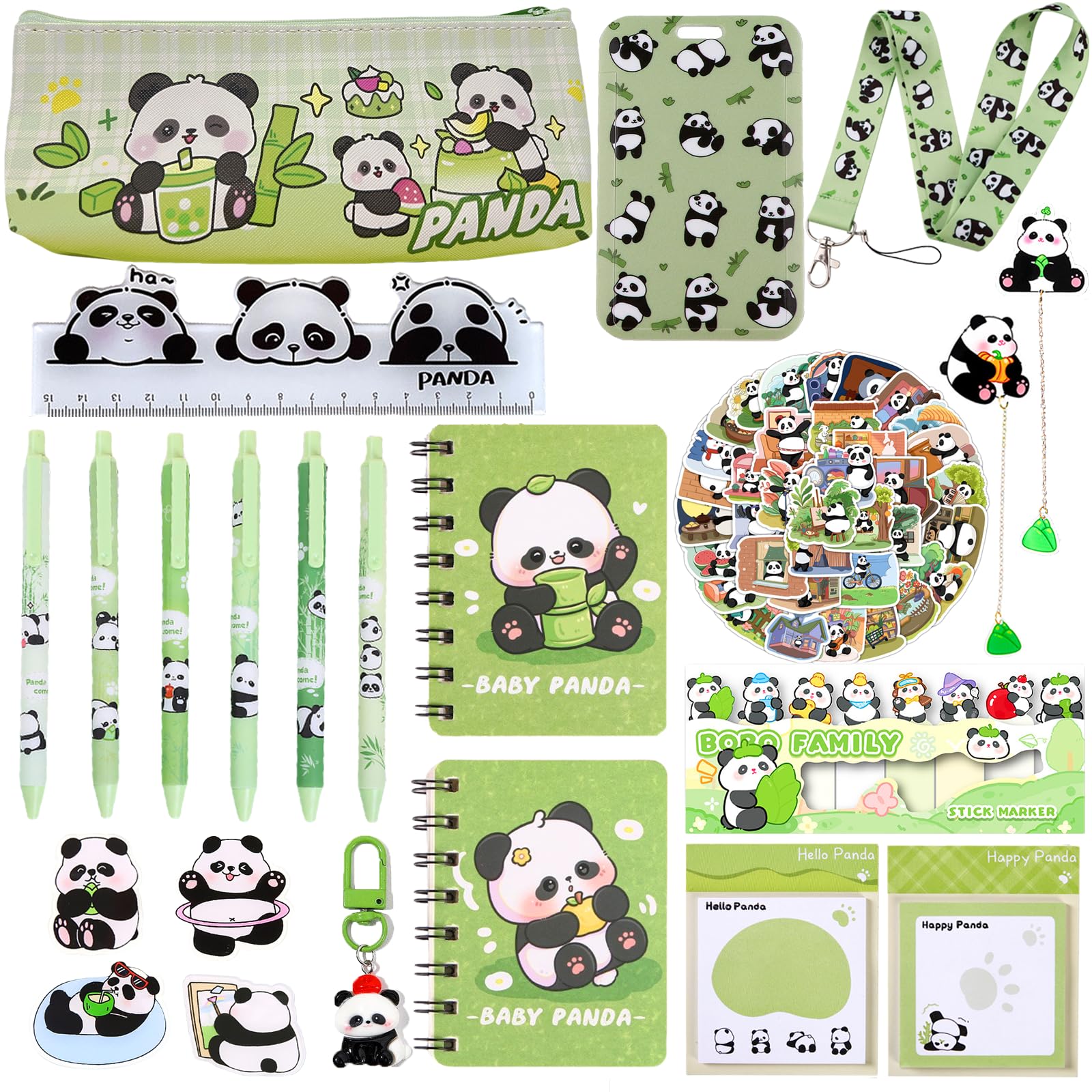 71PCS Panda School Supplies Set Cute Kawaii Stationery Set Back to School, Including Notebook,Gel Pens,Pencil Case,Stickers,ID Badge holder,Ruler,Bookmark,Pins, Festival Birthday Party Favors