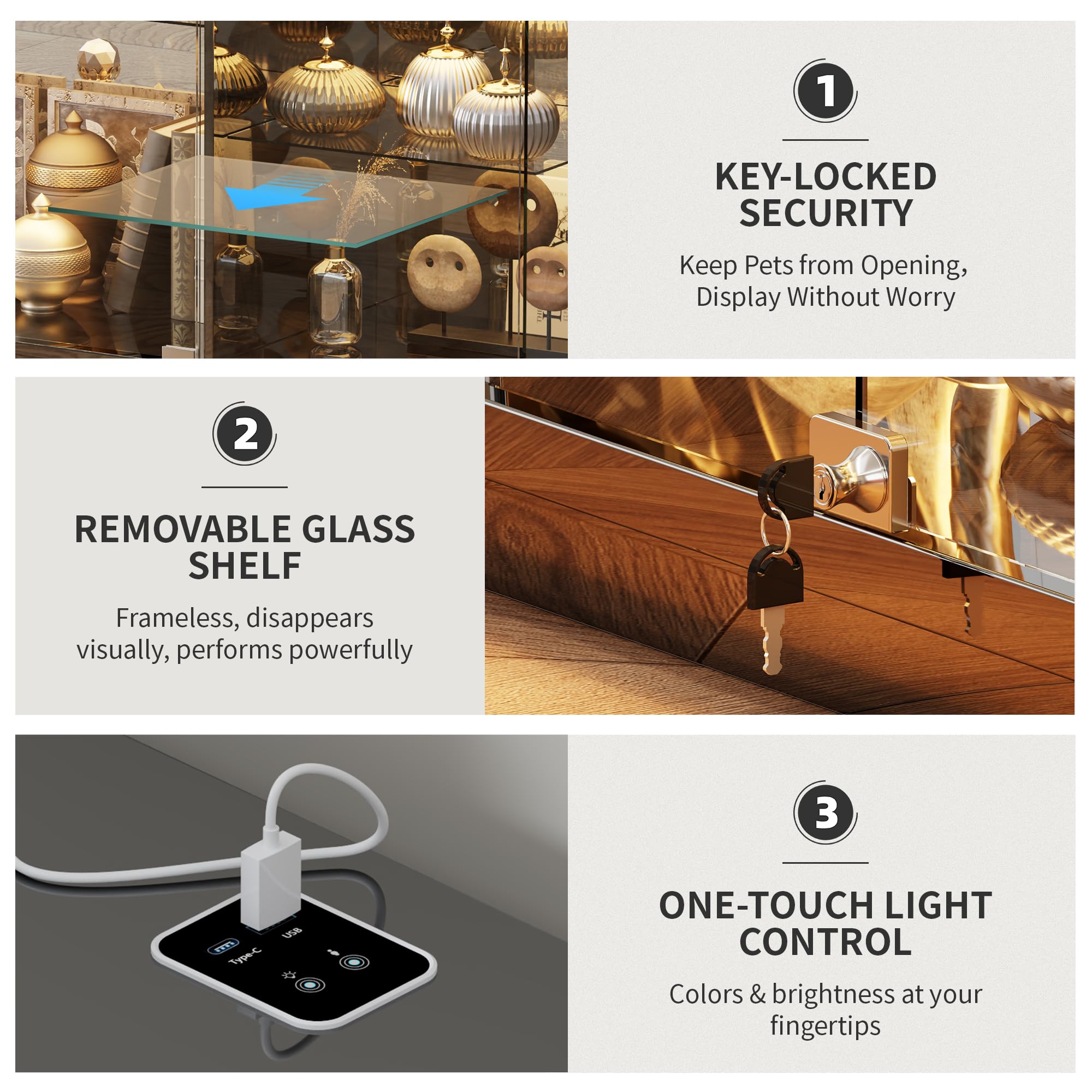 Guerxl Vitrina con Iluminación LED Y Función de Carga para Salón,120 CM Largo Vitrinas de Crista con Sensores Inteligentes Y Estantes de Vidrio Extraíbles para Oficina Personal,Coleccionables,Negro