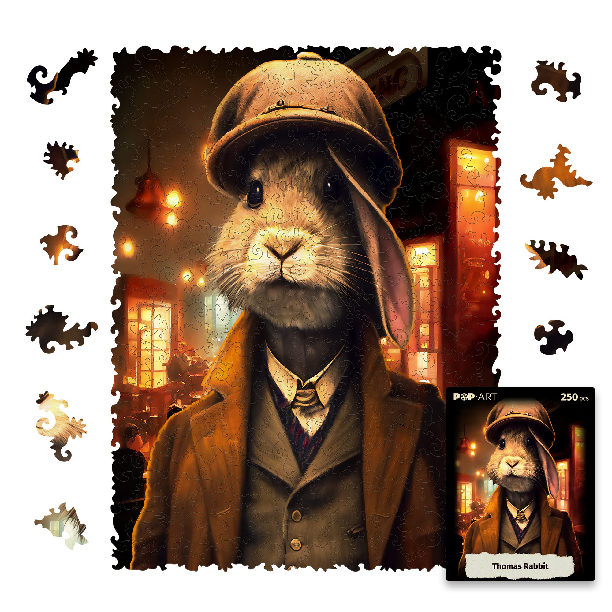 UNIDRAGON Original Wooden Puzzle — Pop Art Thomas Rabbit, 250 Pieces, 12.6 x 9 Inches (32 x 23 cm) Beautiful Gift Packaging, Unique Shape for Adults and Children