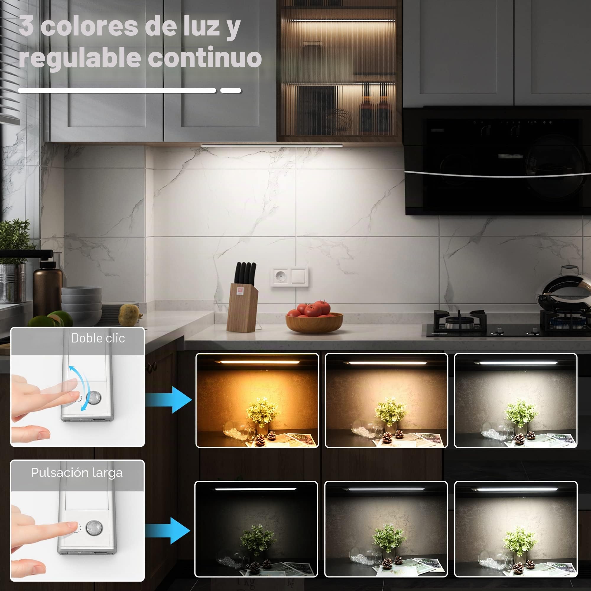 60cm Luz con sensor movimiento, ajustable, led sin contacto, con modos 3 Colores para cocina, armario, bajo mueble