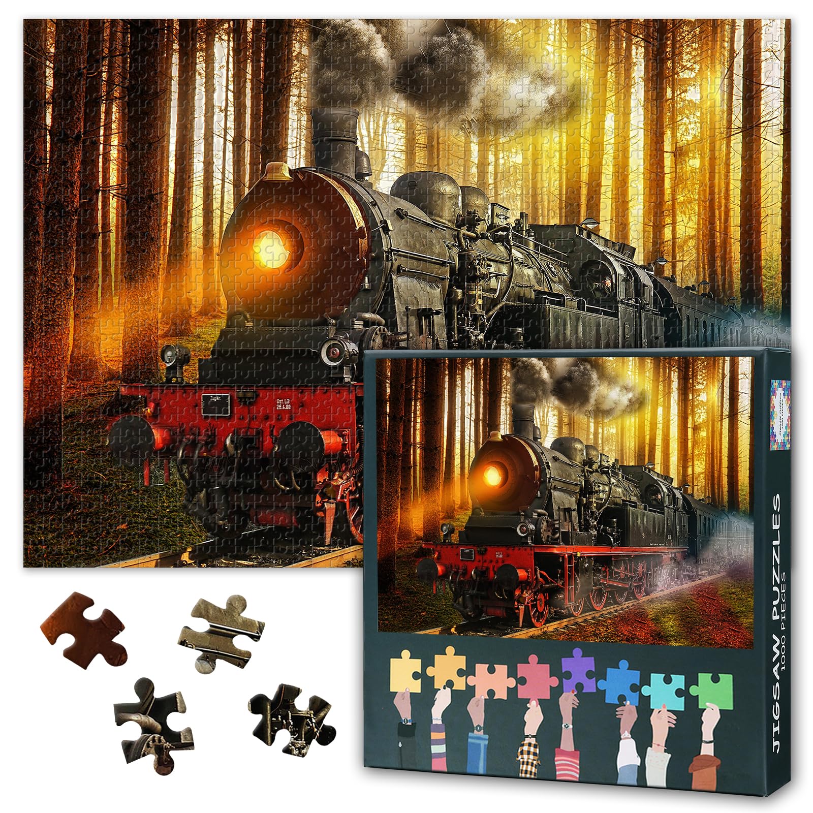 1000 Piece Jigsaw Puzzle for Adults Retro Steam Engine Train Art Vintage Railway Painting Living Room Wall Decor Challenging Puzzle Game for Home Office 27.5x19.7 Inch