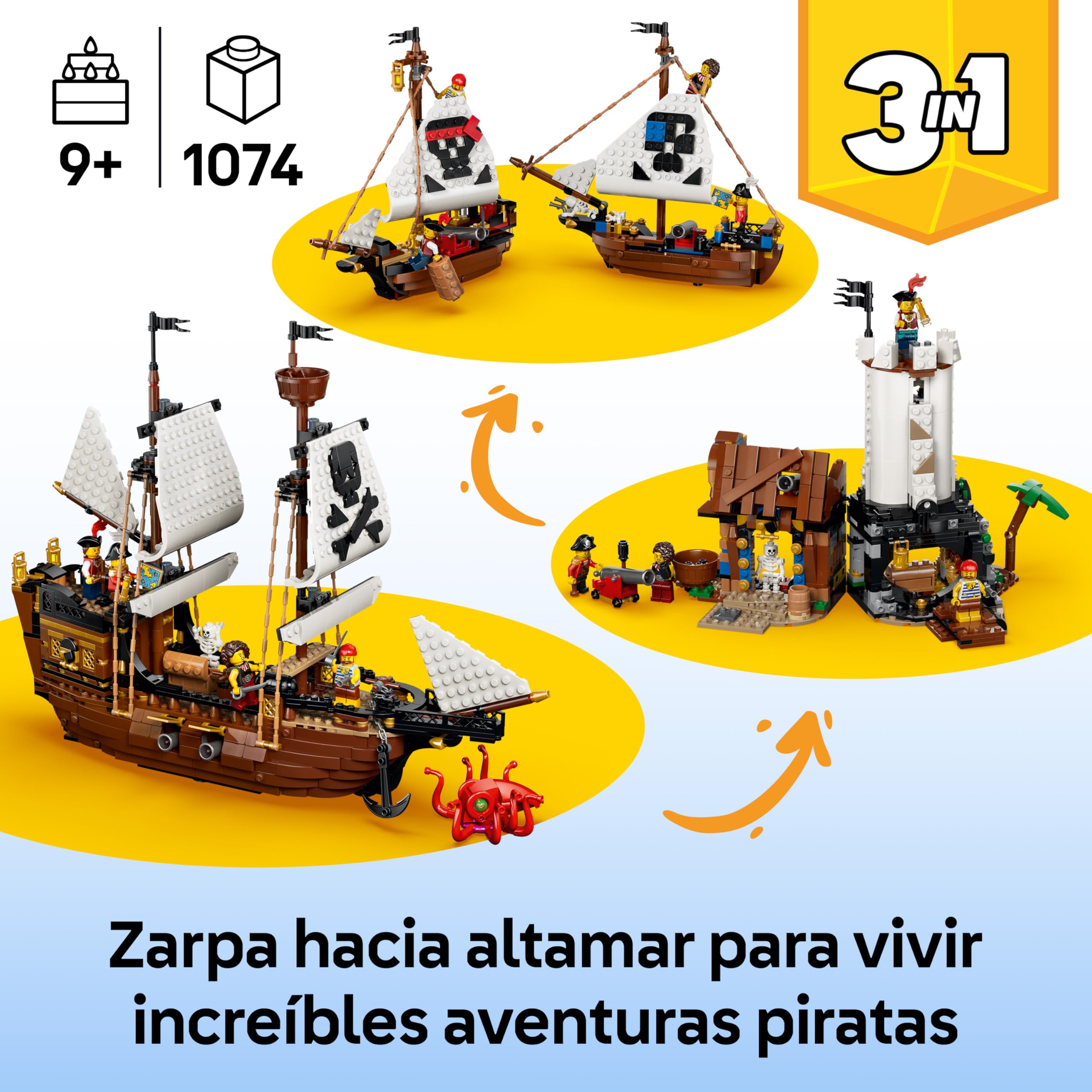 LEGO Creator 3 en 1 Barco Pirata Clásico de Juguete – Maqueta Transformable en Castillo o 2 Barcos Gemelos – Decoración para la Habitación – Regalo de Cumpleaños para Niños y Niñas de 9+ Años – 31387