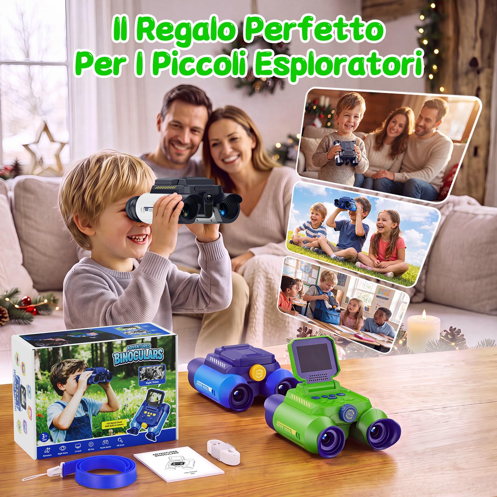 Binocolo Bambini con Fotocamera, Visione Notturna(Verde) | Binocolos Interattivo con Zoom Ottico 10x, Foto 48 MP e Video in 1080P, Esplorazione Natura regalo per bambini