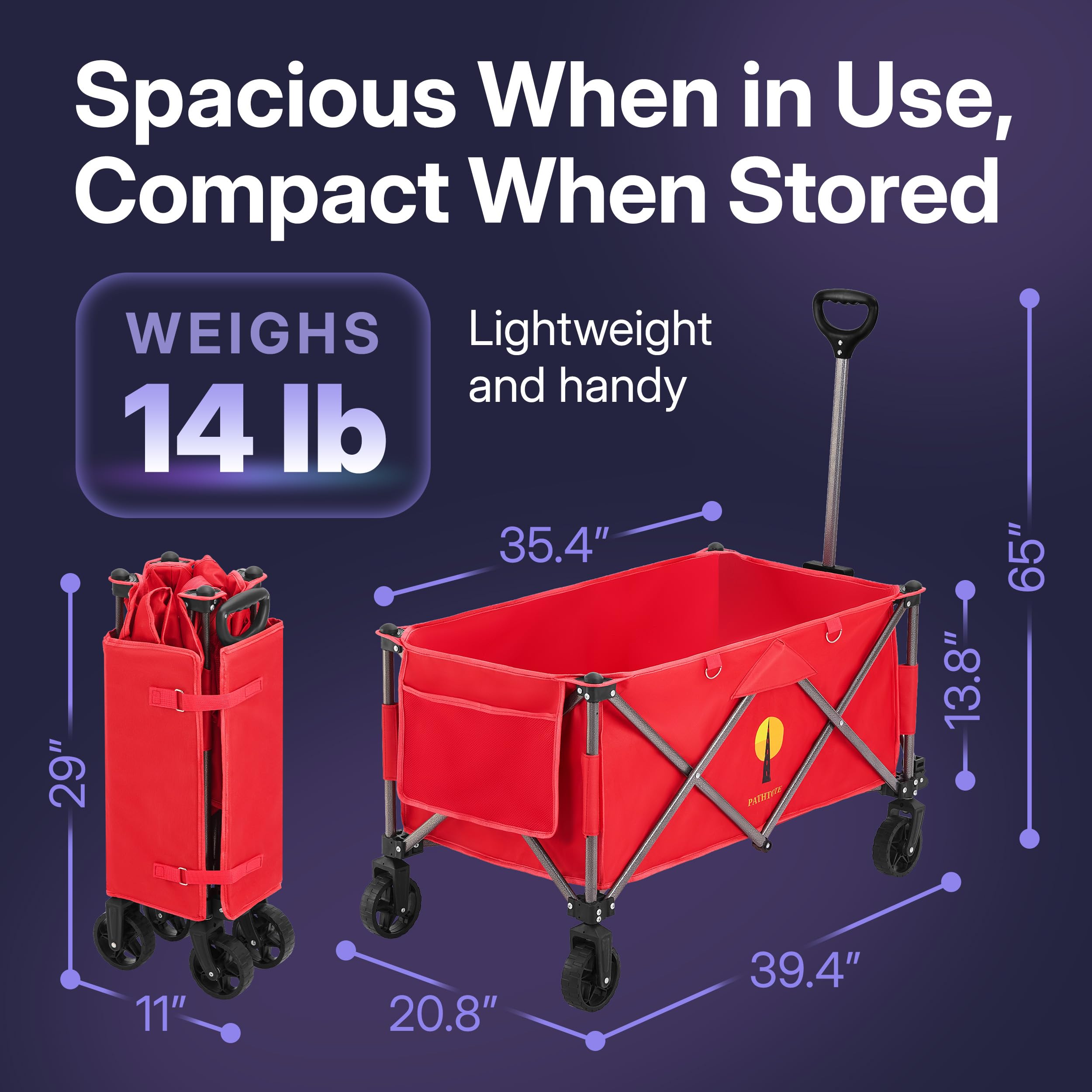 39" L Collapsible Wagon with All-Terrain Wheels, 460 lbs Foldable Cart with Detachable Flashlight, Pockets & Flexible Steering Handle, Red Utility Heavy Duty Folding Beach Wagons Carts — Amazon image 6