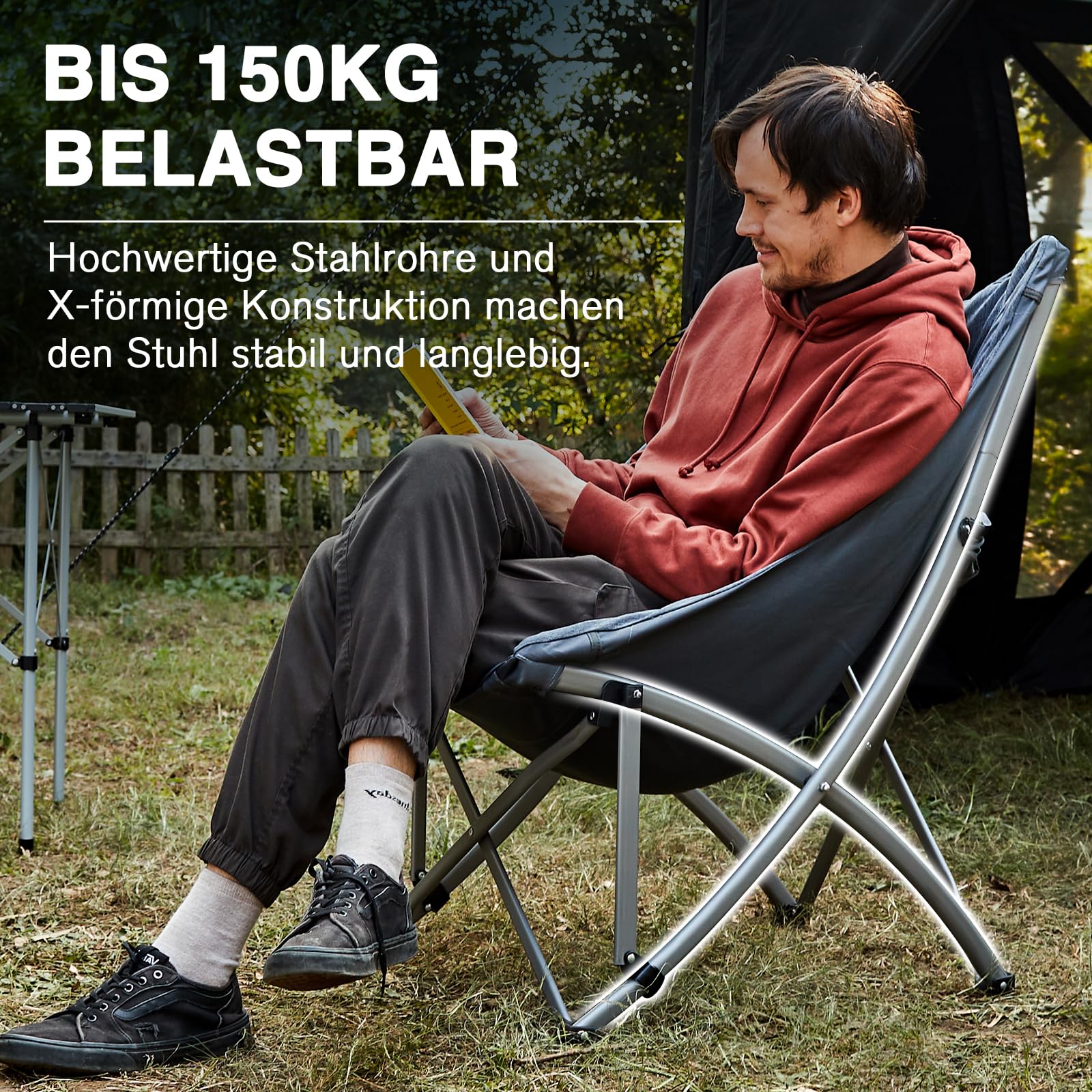 EVER ADVANCED Luxus Campingstuhl Faltbar 6CM Gepolstert, Klappstuhl 150KG Belastbar Kleines Packmaß, Extra Hohe Rückenlehne, Tragbarer Faltstuhl für Camping, Garten, Balkon, Picknick, Indoor