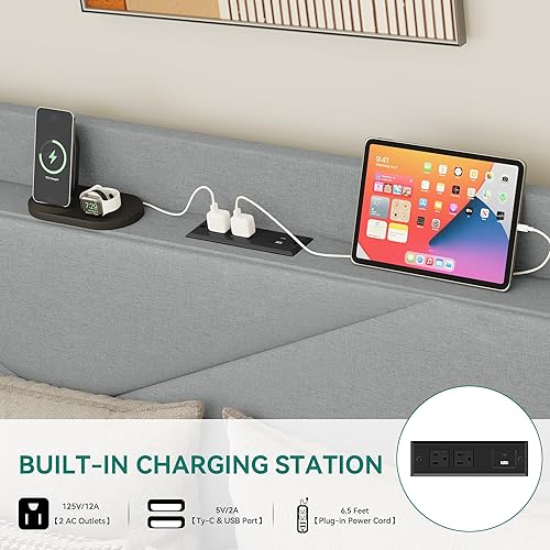 Miniatura 5 de YITAHOME Base de cama de almacenamiento, marco de cama tamaño Queen con puerto tipo C y USB y 2 cajones, cabecera tapizada, plataforma de