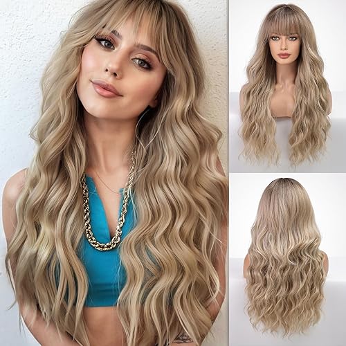 HARICUBE Wigs for Women - Long Curly/Wave Wigs with Bangs,