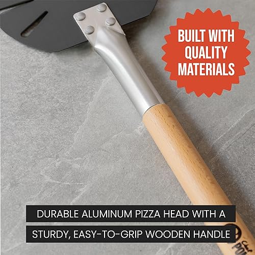 Miniatura 7 de Chef Pomodoro Pala giratoria de aluminio para pizza con mango de madera para un fácil almacenamiento, espátula perforada para pizza, paleta gourmet