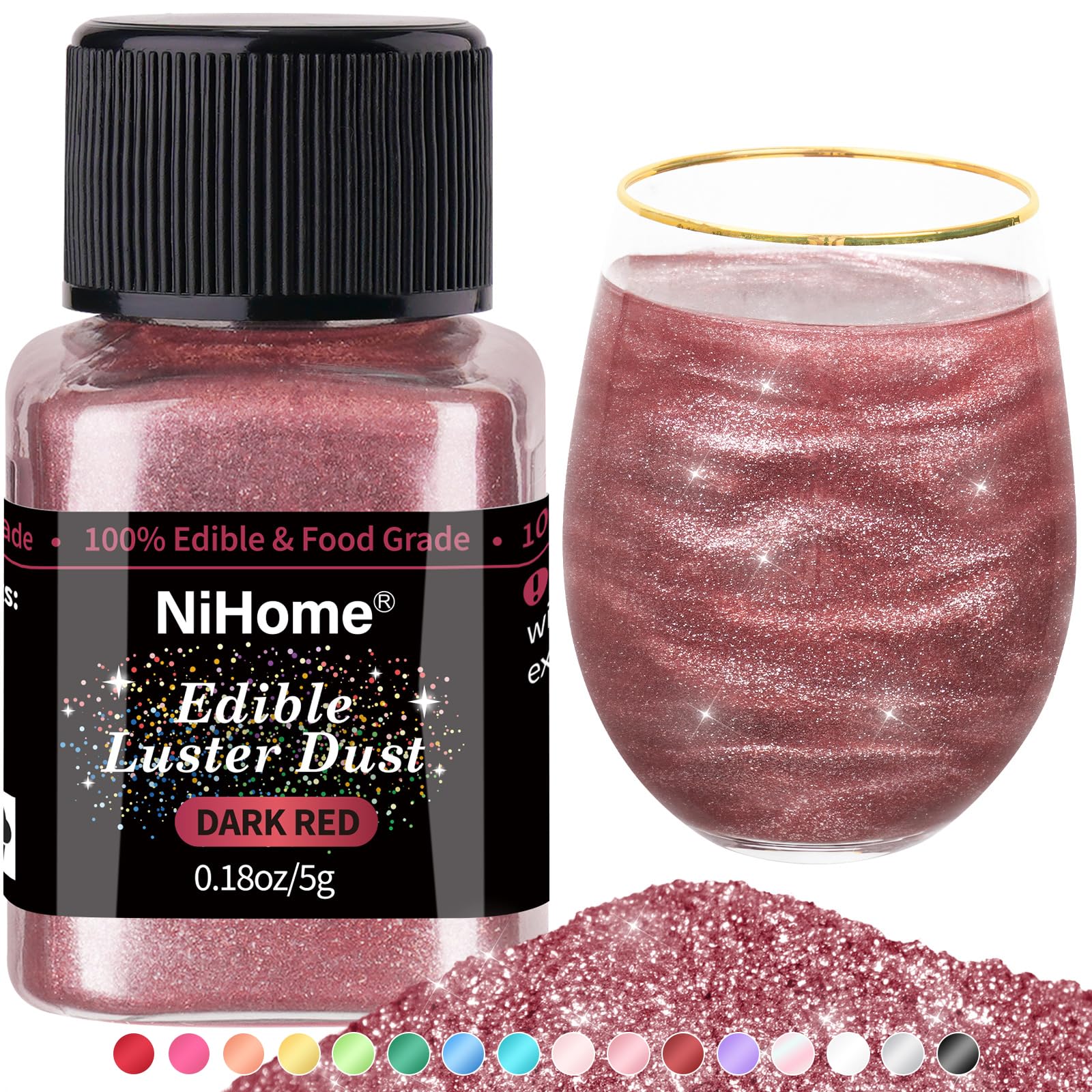 NiHome Edible Food-Grade Glimmer Powder Glitter Luster Dust Metallic Food Decorating Sprinkle Glimmery Dust for Drink Wine Beverage Cake Candy Dessert Bakery Restaurant Vegan (0.18oz/5g, Dark Red)