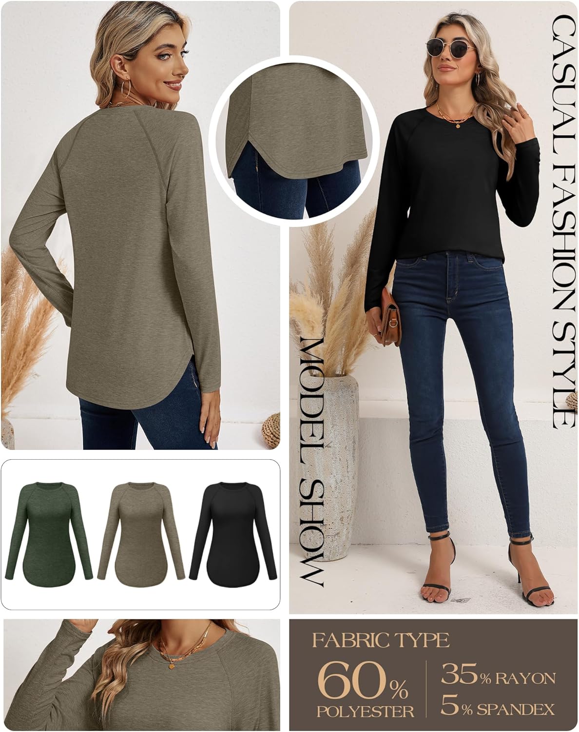 Ficerd 3 Pack Women's Long Sleeve T-Shirts Crew Neck Raglan Sleeve Casual Loose Fit Shirts Side Split Curved Hem Tunic Tops - Image 4
