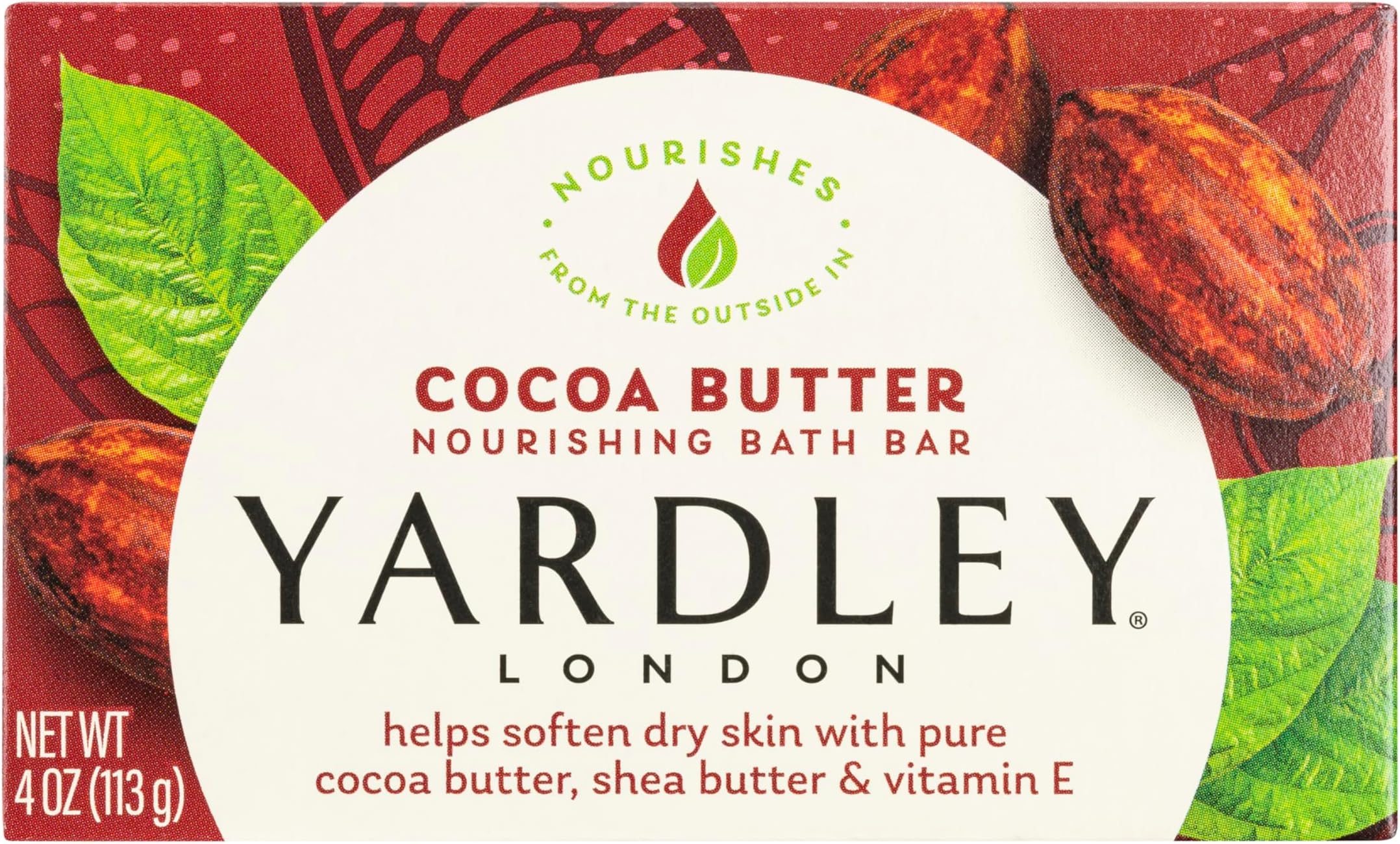 Yardley London Nourishing Bath Soap Bar Cocoa Butter, Helps Soften Dry Skin with Pure Cocoa Butter, Shea Butter & Vitamin E, 4.0 oz Bath Bar, 1 Soap Bar