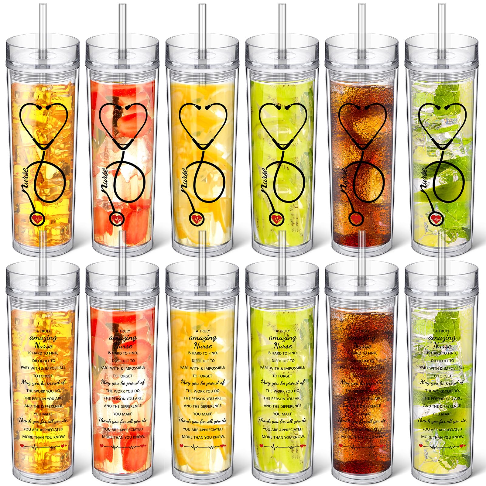 Skylety 6 Pcs Nurse Gifts for Women Plastic Skinny Tumblers with Lid and Straw Bulk 16 oz Double Wall Clear Cup Nursing Appreciation Gift for Nurse