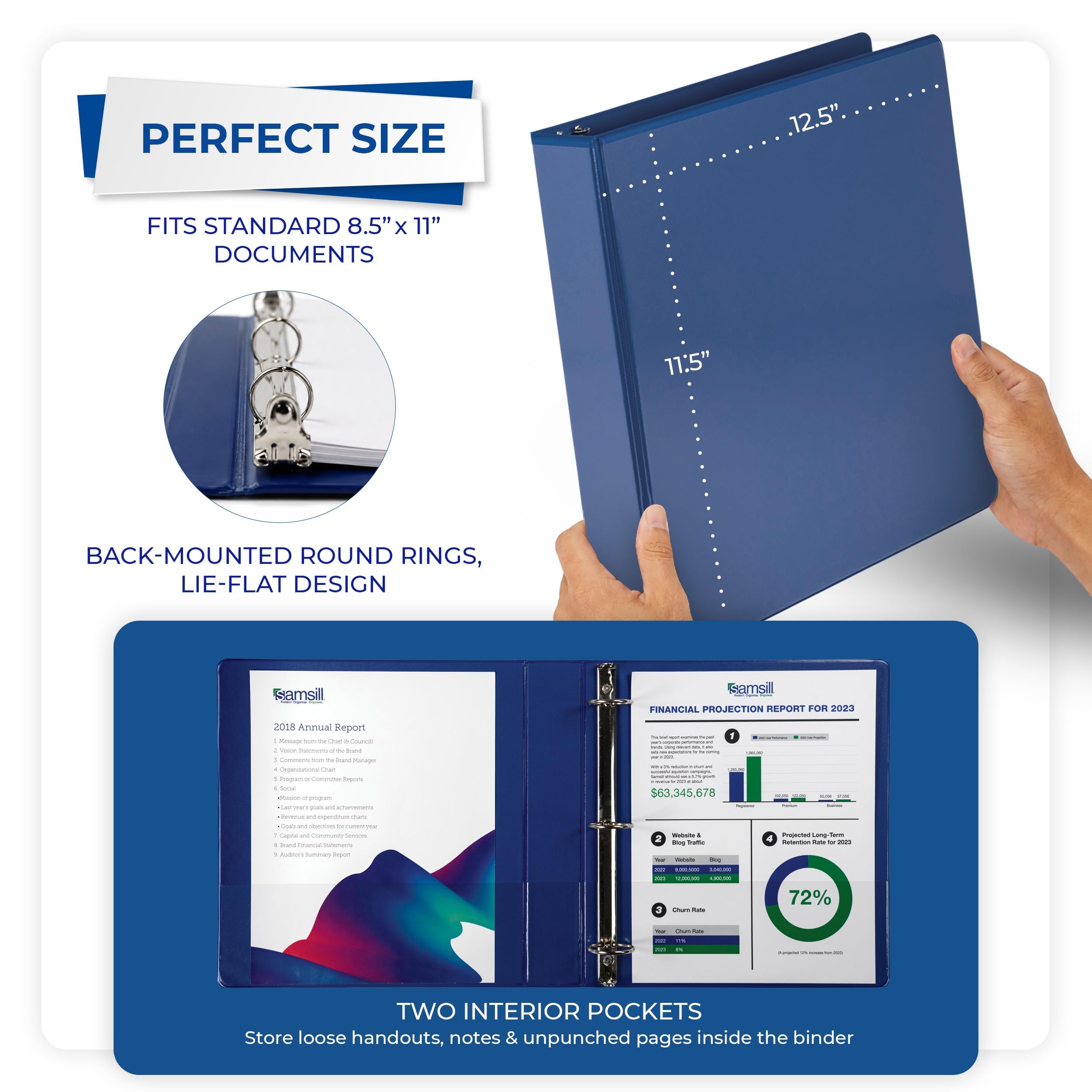 Samsill Raccoglitori a 3 anelli da 3,8 cm, realizzati negli Stati Uniti, con anello rotondo economico, copertina trasparente, capacità 325 fogli, per scuola, casa, ufficio, blu, confezione da 12
