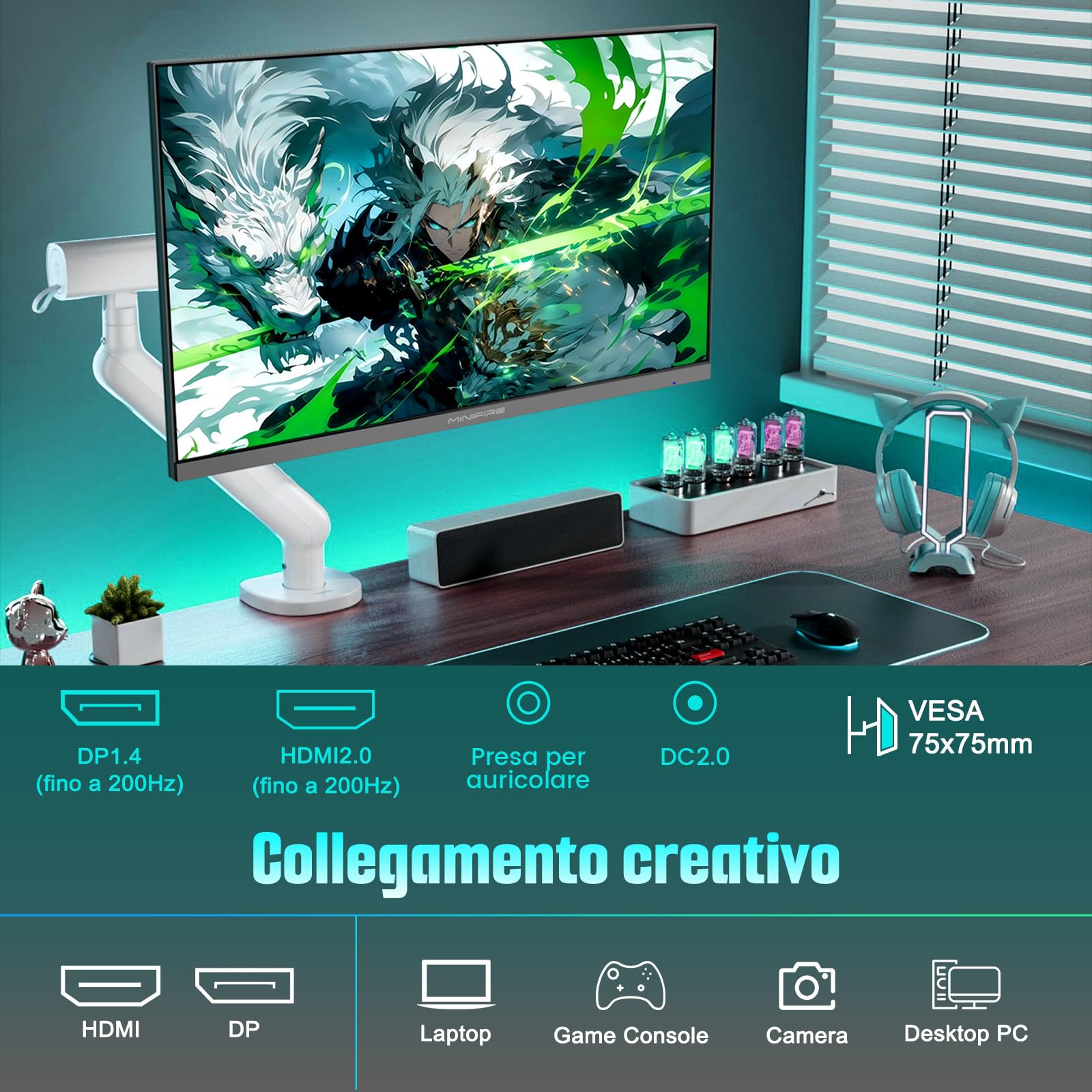 Minifire Gaming Monitor 24 pollici FHD 200Hz,VA, MPRT 1ms,Free Sync, sRGB 110%, Anti-Flicker & Less Blue Light, 1xHDMI 2.0/1xDP 1.4 Port(MFG24F4H cavo HDMI inclusi)
