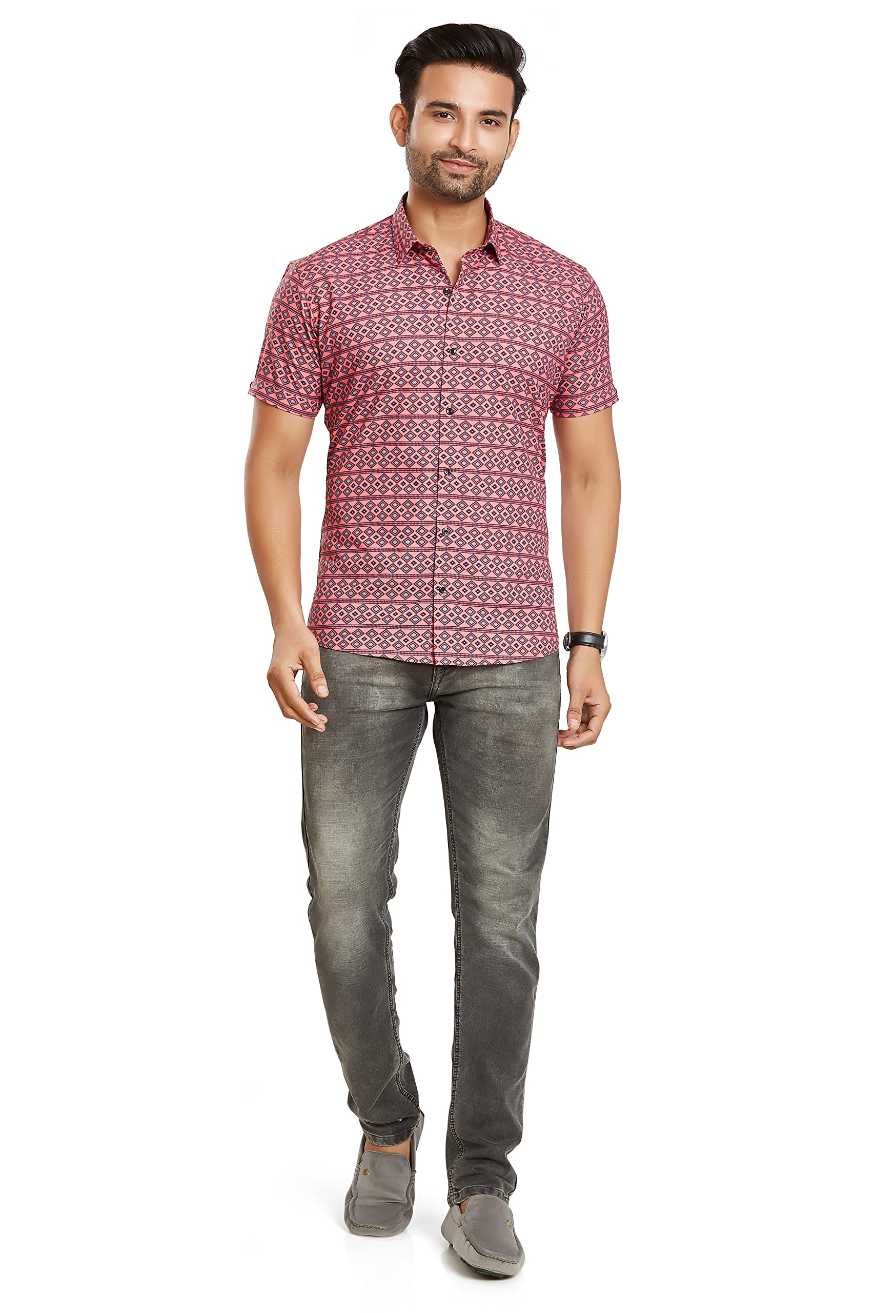 BE ACTIVE Camisa casual de algodón para hombre, corte entallado, lisa, camisa elegante para hombre, cuello extendido y medias mangas, estilo atemporal y comodidad