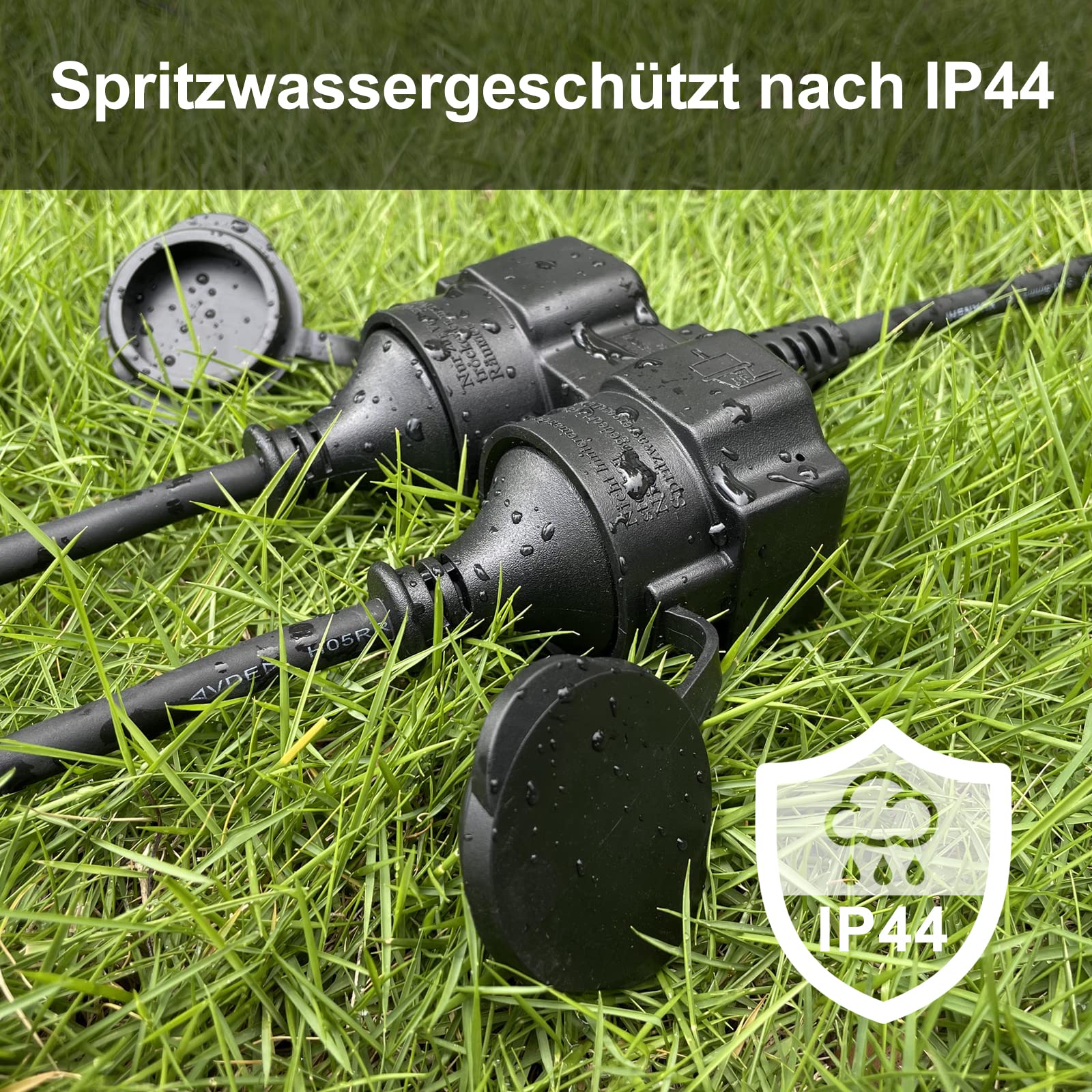 Verlängerungskabel 20m mit 2 Schuko-Steckdosen Outdoor, Doppel-Verlängerung für den Außenbereich IP44, 2 Schutzkontakt Buchsen, Gummi Stromkabel außen 3500 W, 2-Fach Verteiler mit Schutzkappe