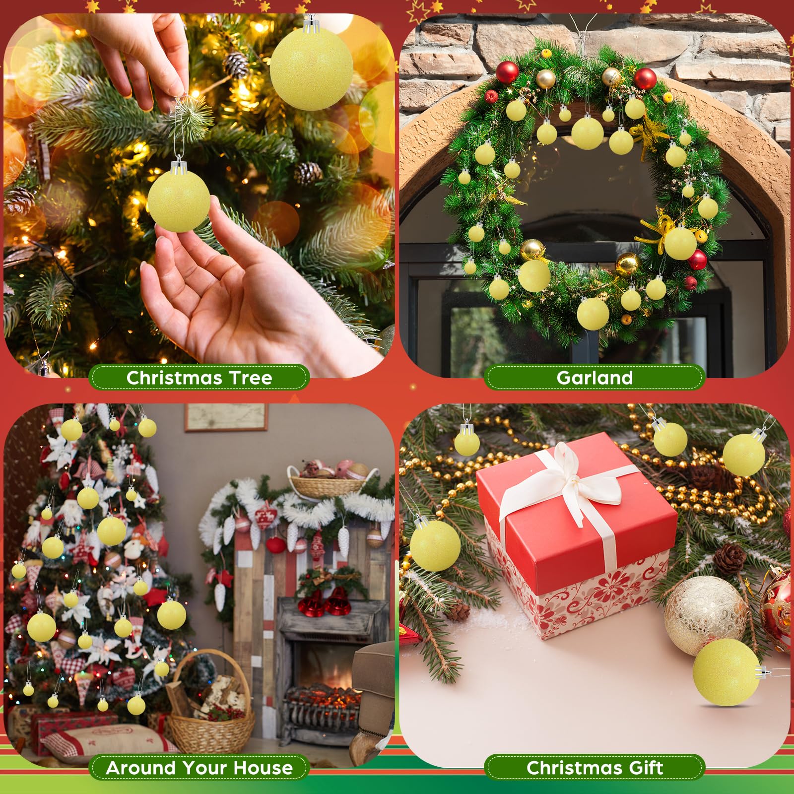 100 adornos de bolas de Navidad amarillas con purpurina de 5 tamaños, inastillables, árbol de Navidad con lazo para colgar y cuerda, bola decorativa de Navidad para decoración de guirnaldas colgantes