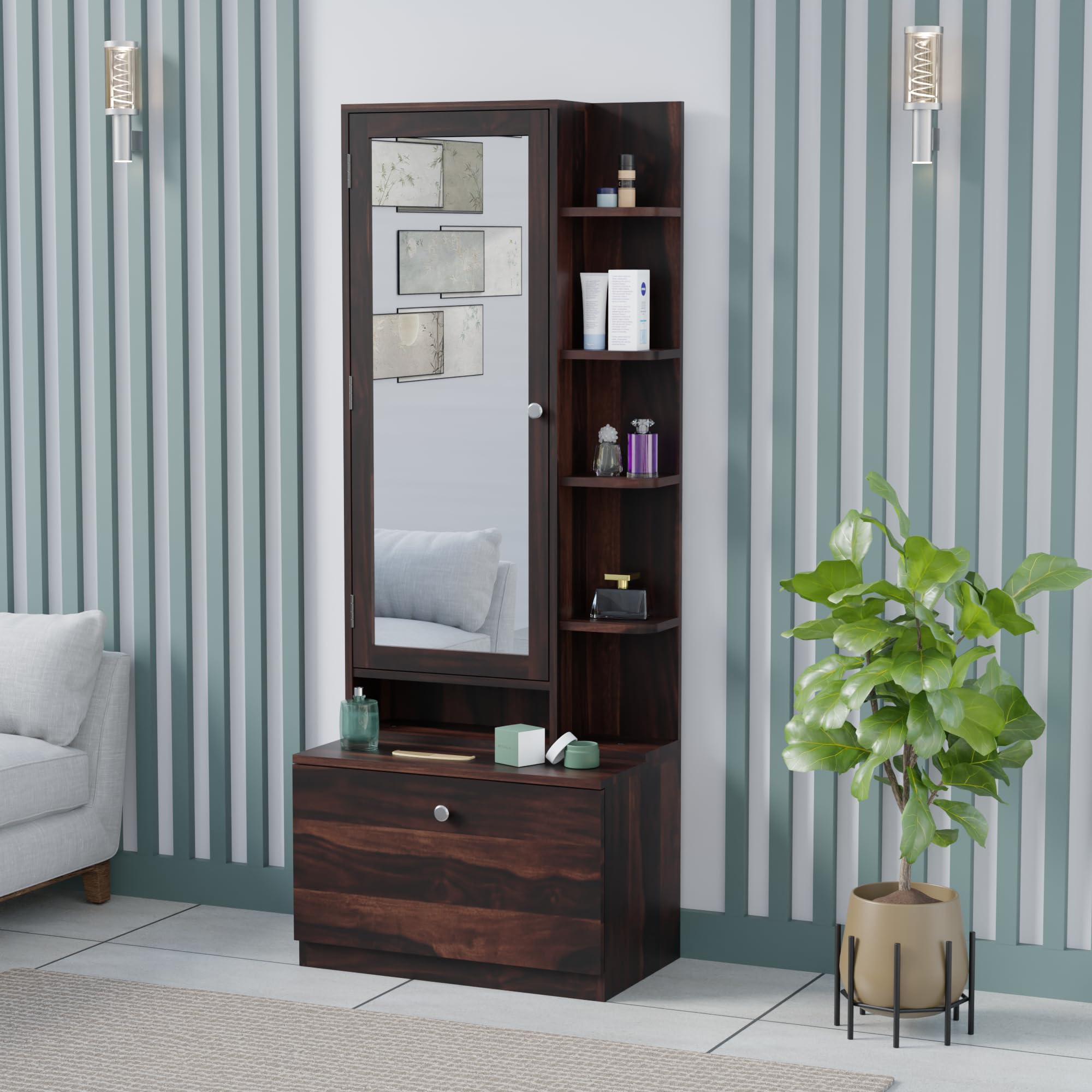 AMAZART Wood Dressing Table with Mirror and Storage | Wooden Dressing with Drawer | (Walnut Finish)