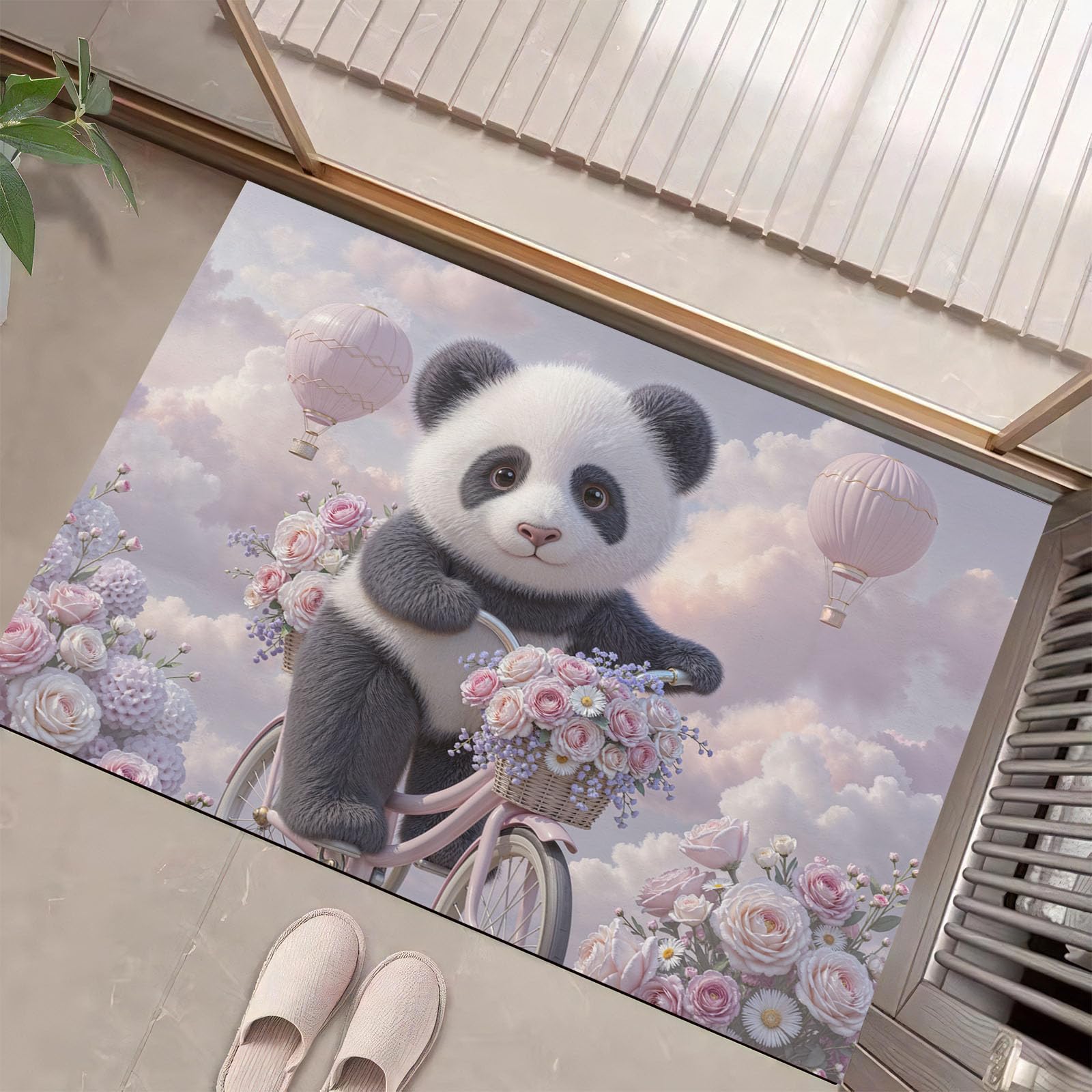 Fußmatte mit Panda Auf Einem Fahrrad für den Innenbereich, Romantischer Cartoon Waschbare rutschfeste Teppichmatte für Eingangsbereich, Fußabtreter Innen für Terrasse Flur, 80x120cm