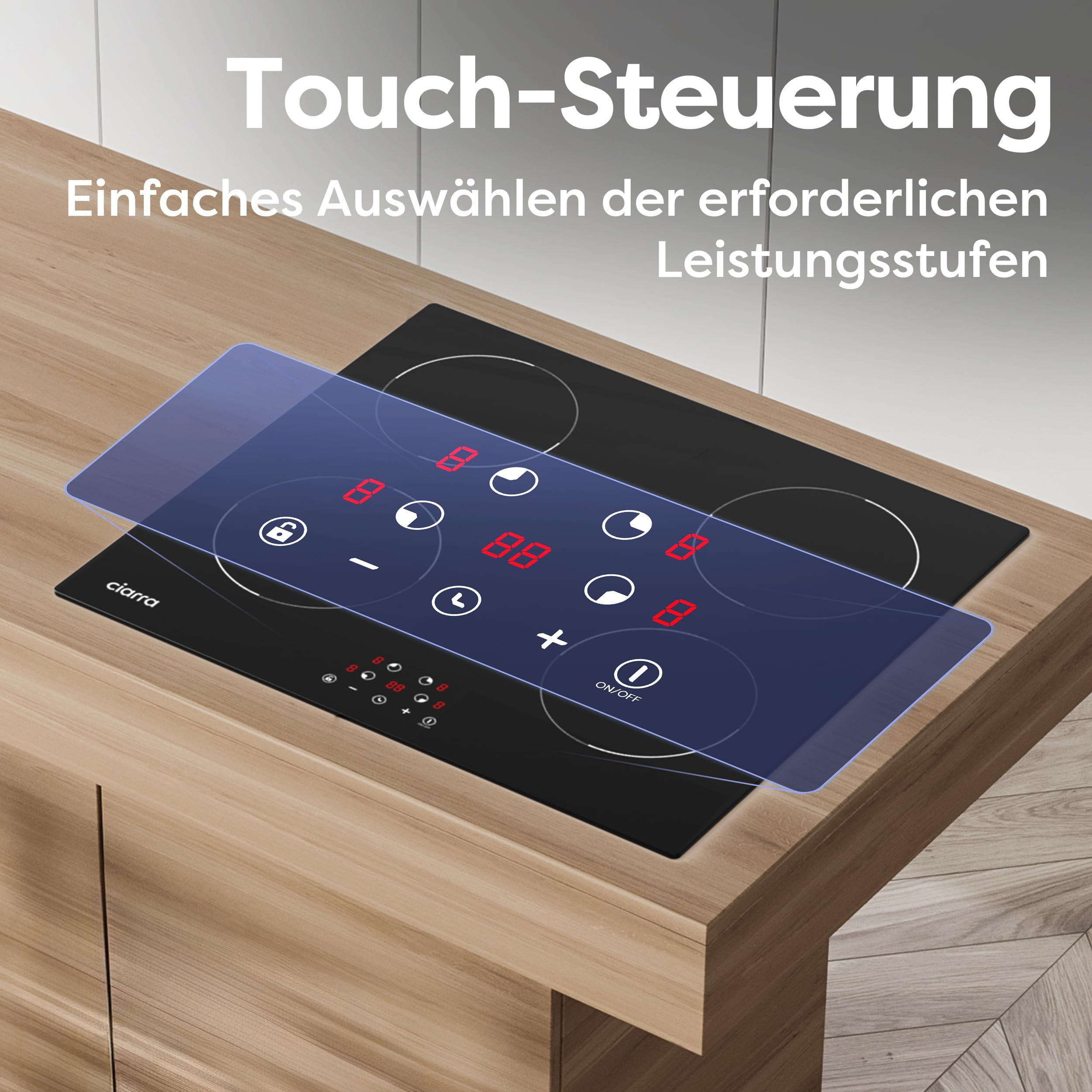 Ciarra CBBIH604-D Induktionskochfeld 60 cm 4 Zonen Einbau Touch-Bedienung | Kochfeld Induktion | 9 Leistungsstufen Timer | Kindersicherung | Abschaltautomatik | Restwärmeanzeige | Überhitzungsschutz