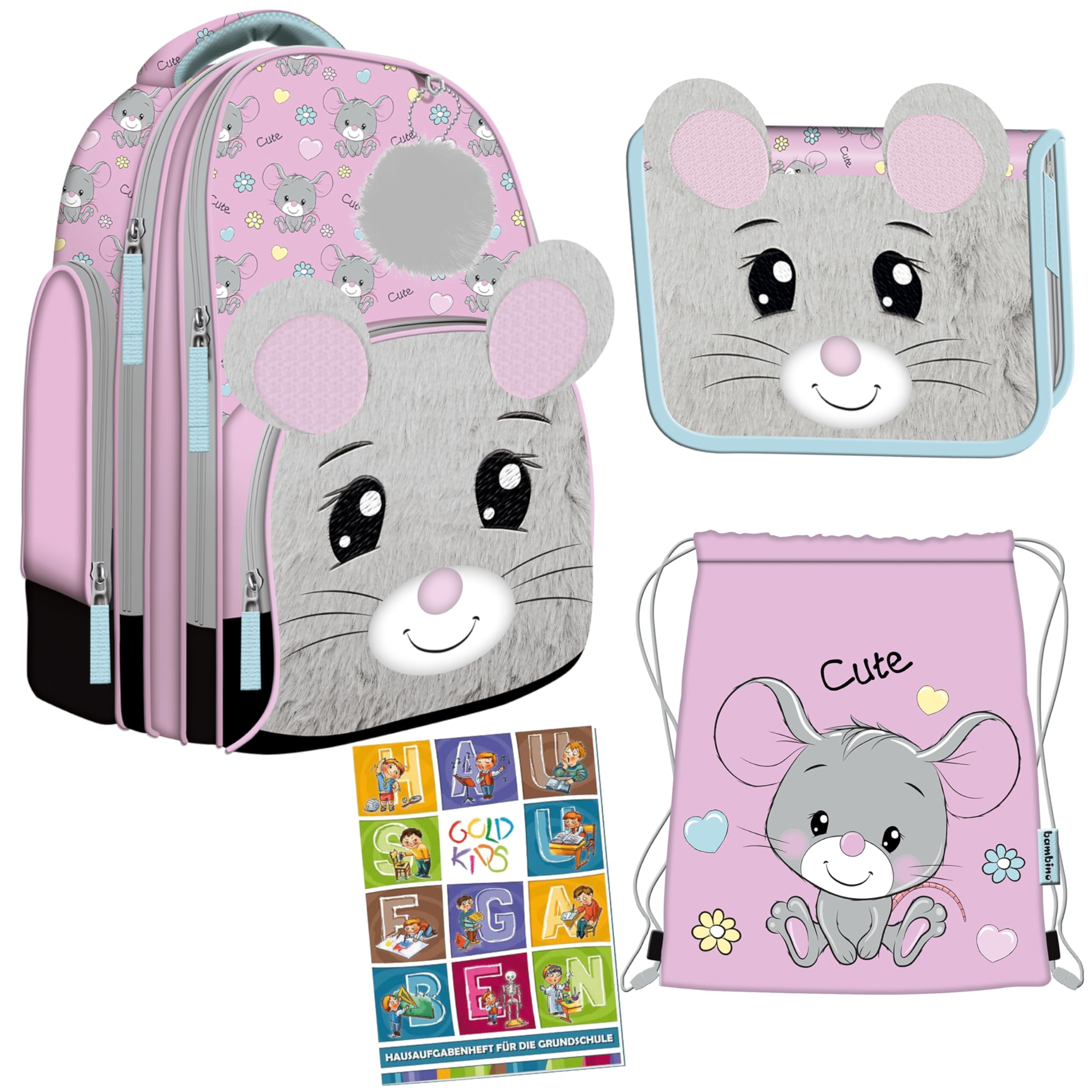 Goldkids - Mochila escolar para niños y niñas, juego de 4 - Mochila escolar para niños con estuche - Bolsa para zapatos y cuaderno de tareas - Diseño Bambino - 1-3 Clase, Juego de 4, 1-3 Klasse