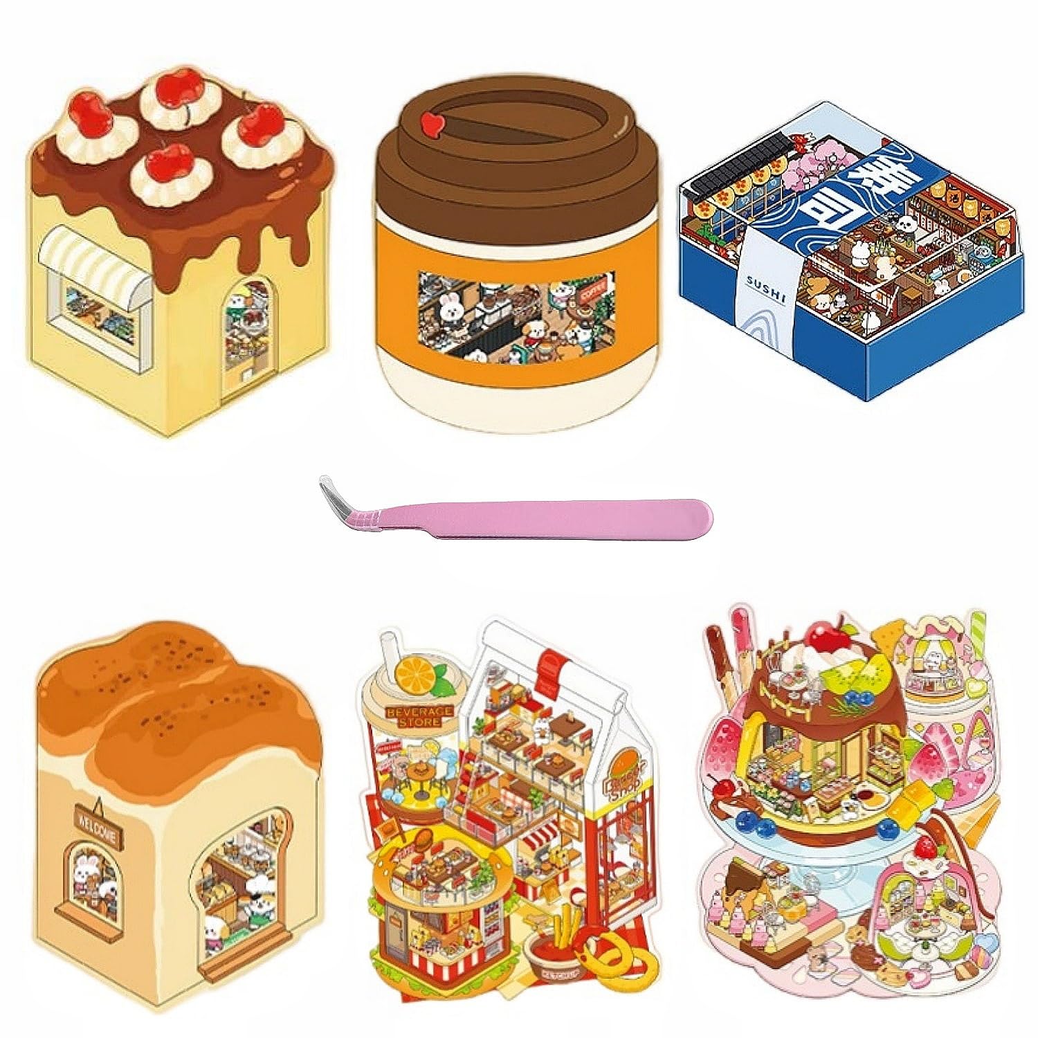 6 Sets 3D DIY Sticker Scenes with Tweezers for Kids Gifts,Fun DIY 3D House Stickers Make Your Own Mini Store Tasty Hamburger Bread Dessert Shop Therapy for Adult Relief Stress Pass The Time