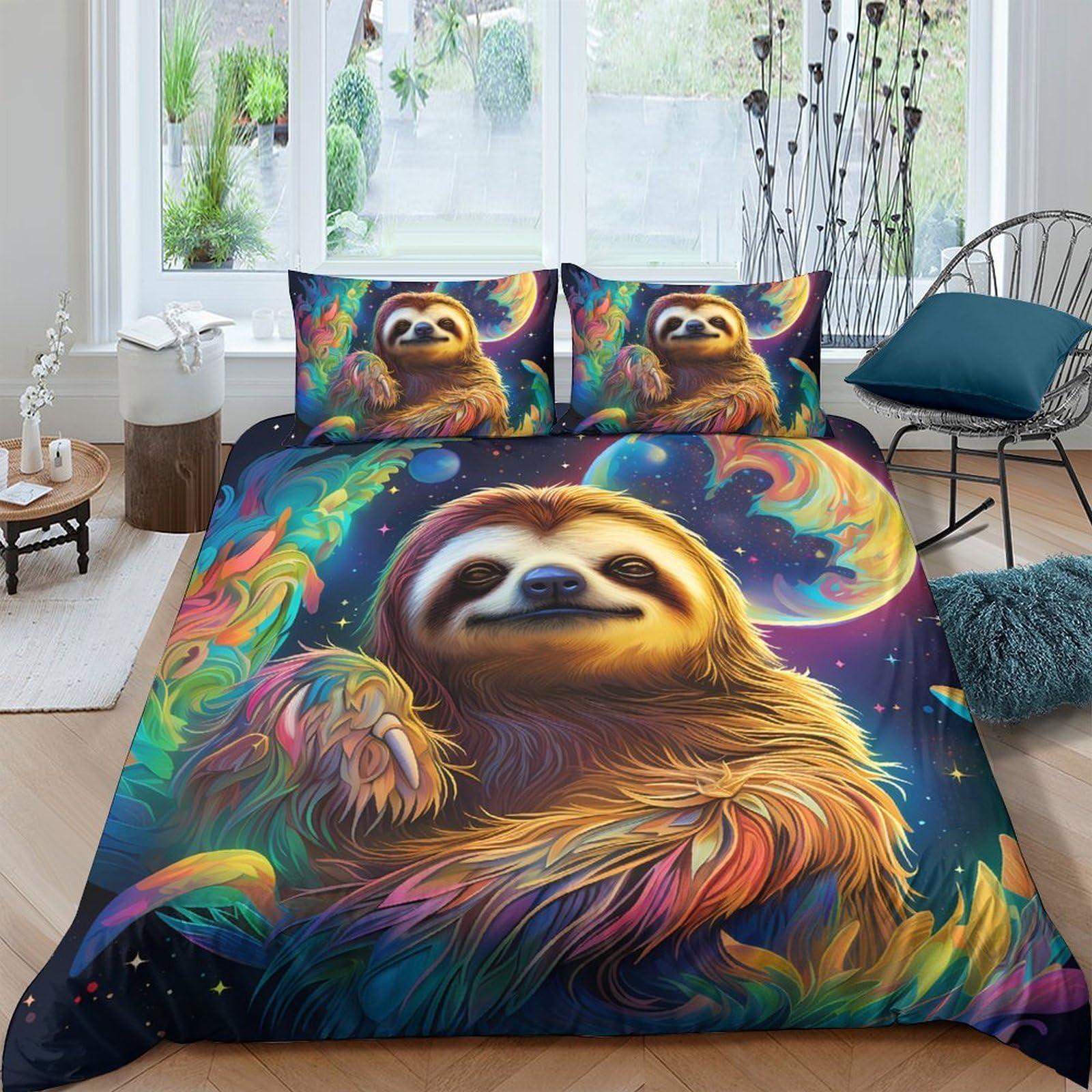 Ctjqhvkz Style-3 3D Printed Rainbow Sloth Fitted Sheet Microfiber Soft Anti-Slip Galaxy Animal Mattress Cover For Bedroom Dorm Home Decor Single（135X200cm）
