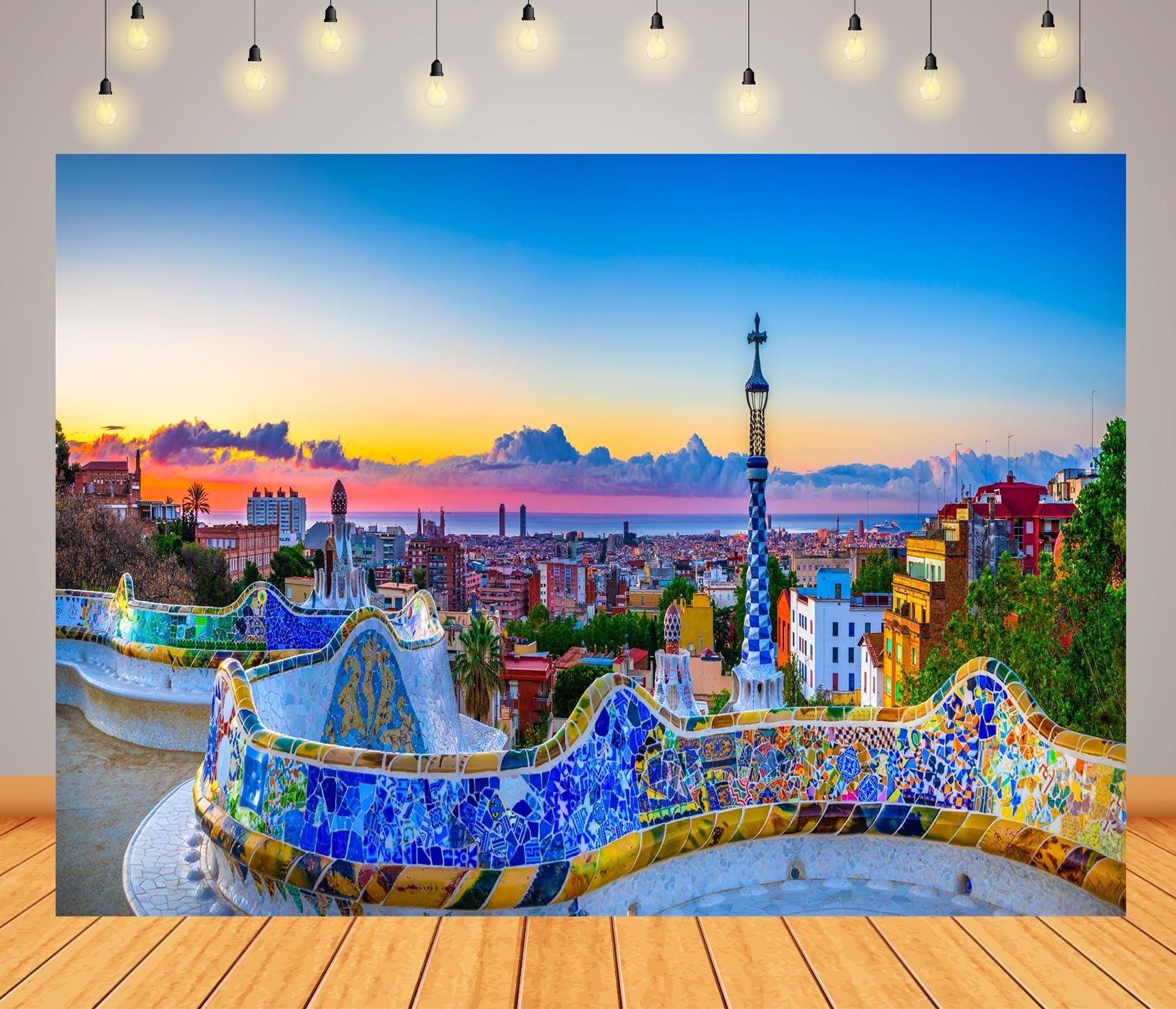 BELECO 10x8ft Fabric Spain Backdrop Barcelona City Park Guell Skyline Background Spain Theme Party Decorations Birthday Shoot Photo Props