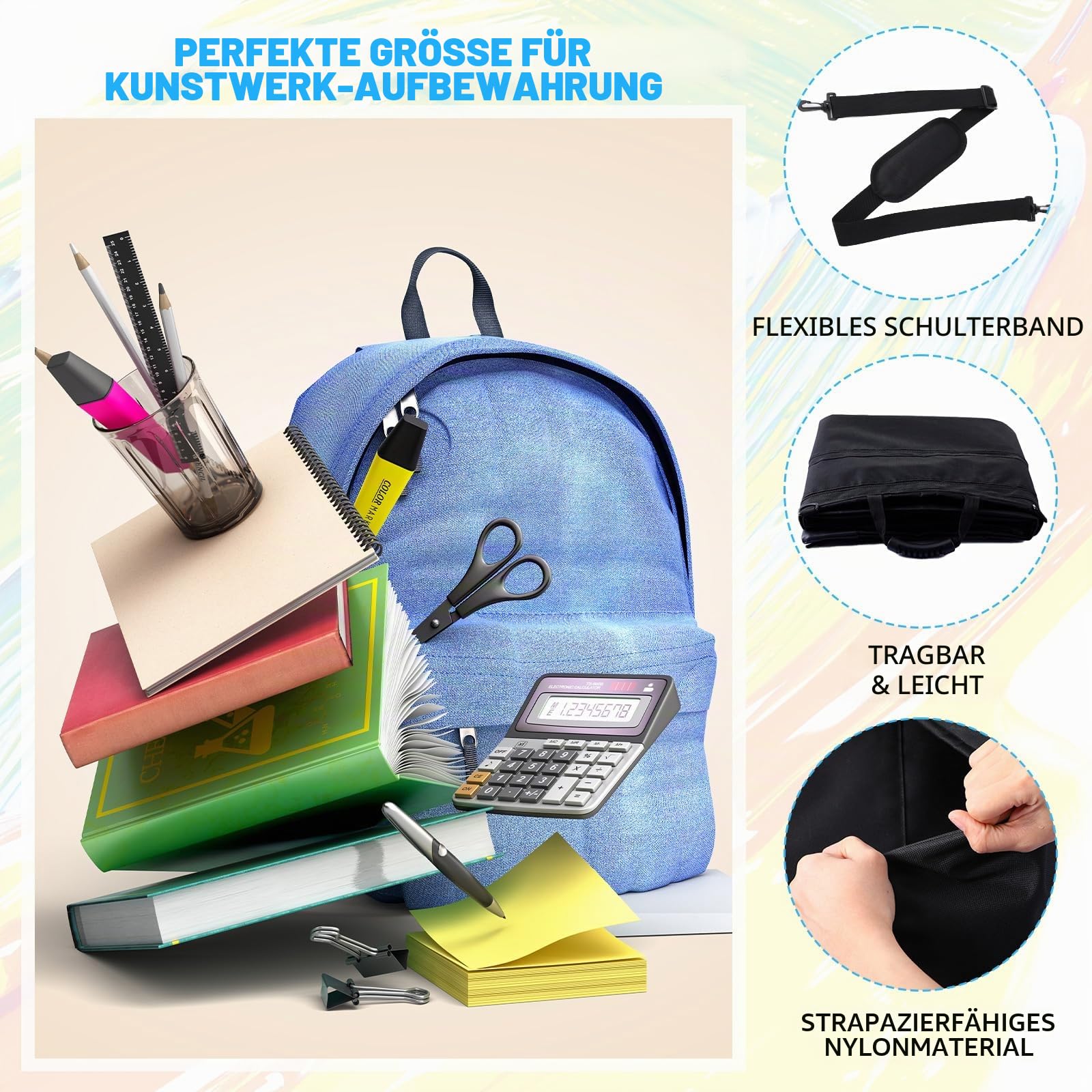 Huhumy 121,9 x 91,4 cm große Kunst-Portfolio-Tasche mit Schultergurt, Leder-Ecken, wasserdicht, Künstler-Portfolio-Kunst-Portfolio-Tragetasche zum Zeichnen, Skizzieren, Poster, Kunstwerke, schwarz
