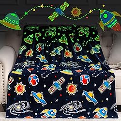 Boulou Glow in The Dark Galaxy Space Blanket Gifts for Boys Girls, Star Planet and Solar System Decor for Adult Kids, Birthday Spaceship Toys Gift for Age 3 4 5 6 7 8 9 10 Year Old for Christmas