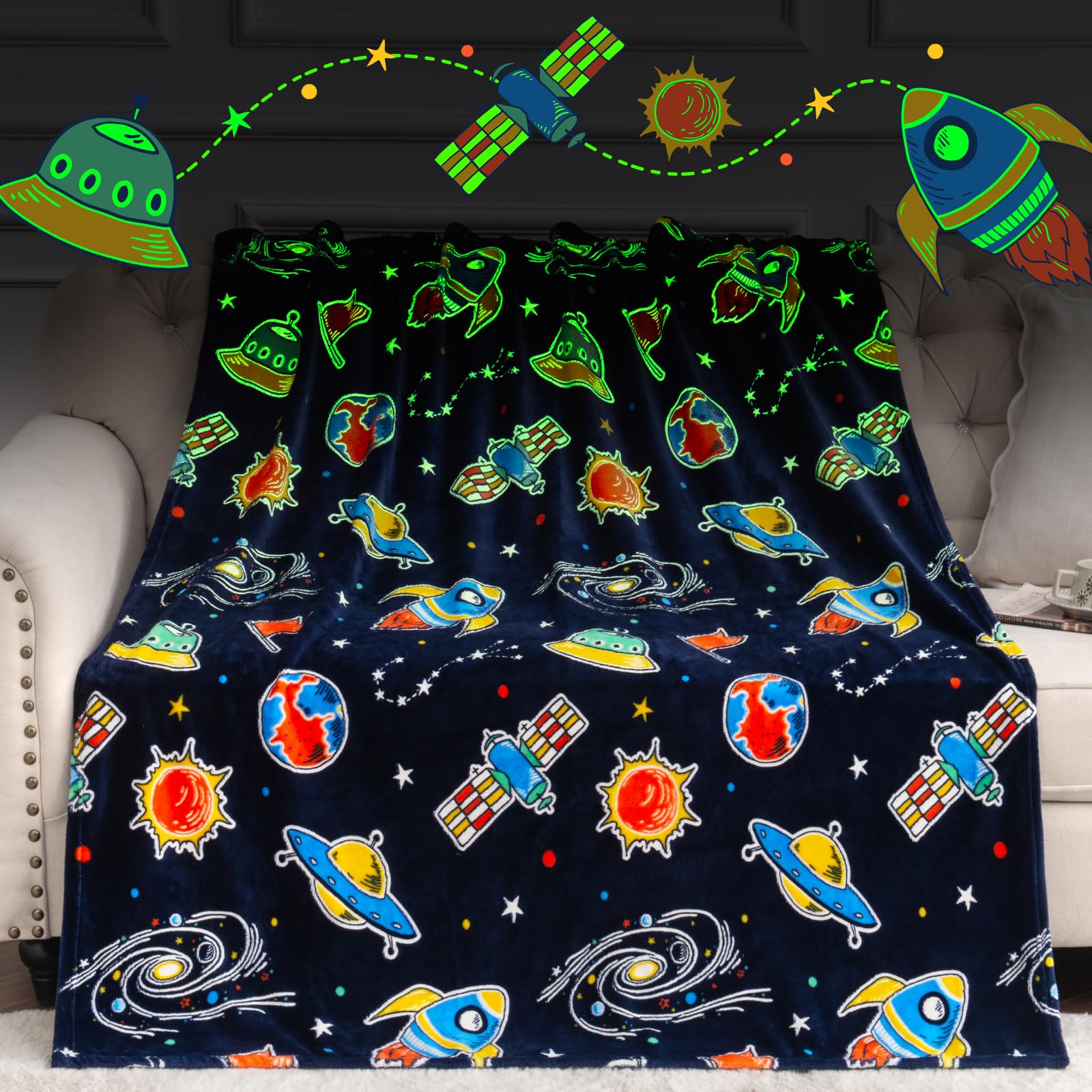 Boulou Glow in The Dark Galaxy Blanket Gifts for Boys Girls, Birthday Space Gifts for Adult Kids Teens, Christmas Valentines Day Rocket Toys Gifts for Age 2 3 4 5 6 7 8 9 10 Year Old