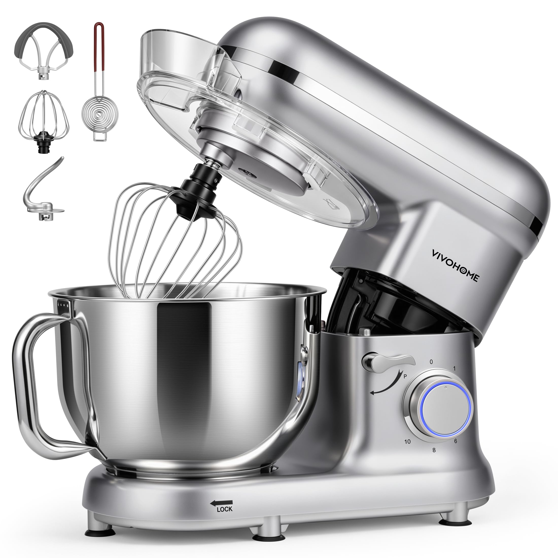 VIVOHOME Stand Mixer, 6-Quart Tilt-Head Kitchen Mixer with Bowl, Silver