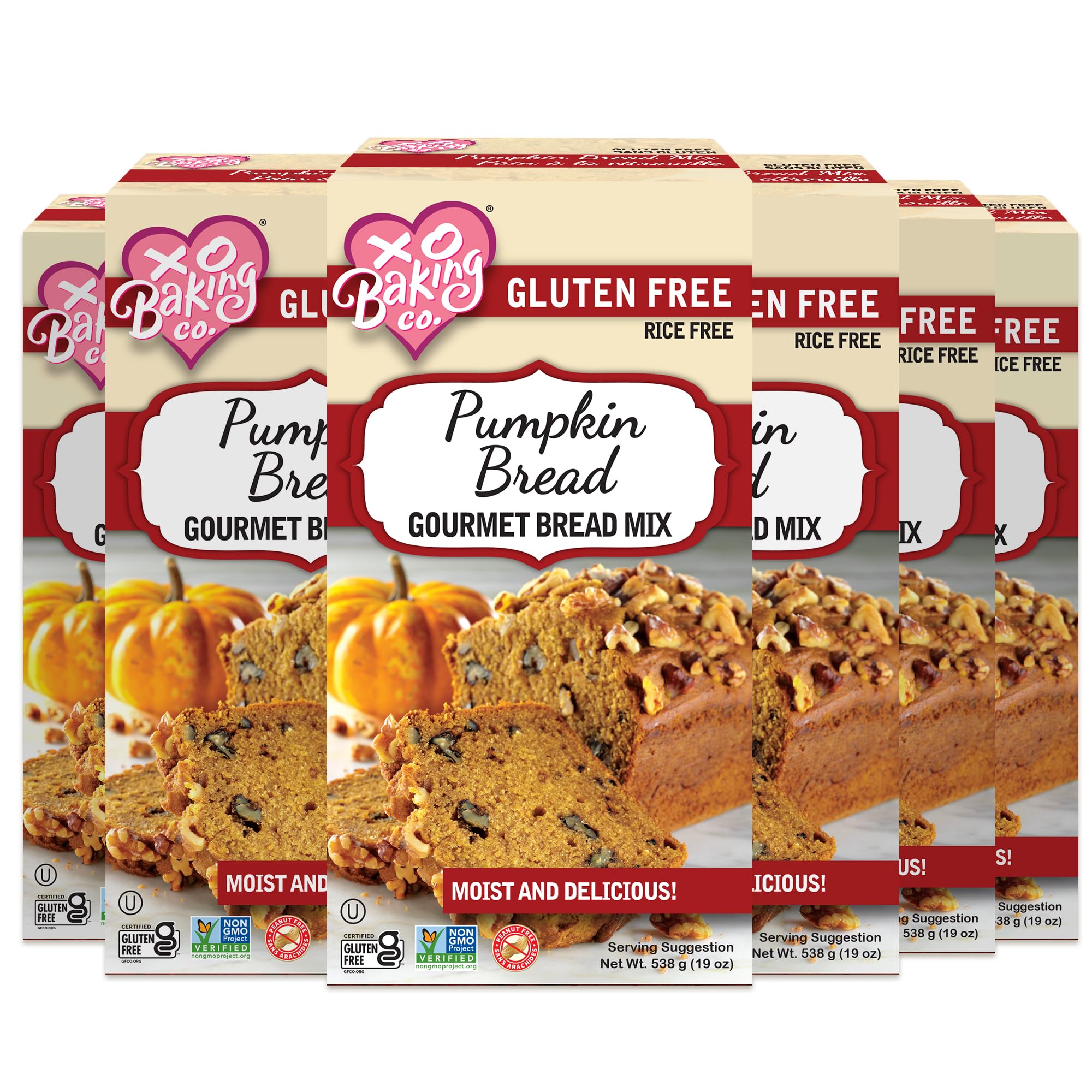XO Baking Co. Gluten Free Gourmet Pumpkin Bread Mix; Non GMO; Kosher; Rice Free; Dairy Free, Peanut Free; Soy Free, No Preservatives; No Artificial Flavors or Colors, 19oz (Pack of 6)