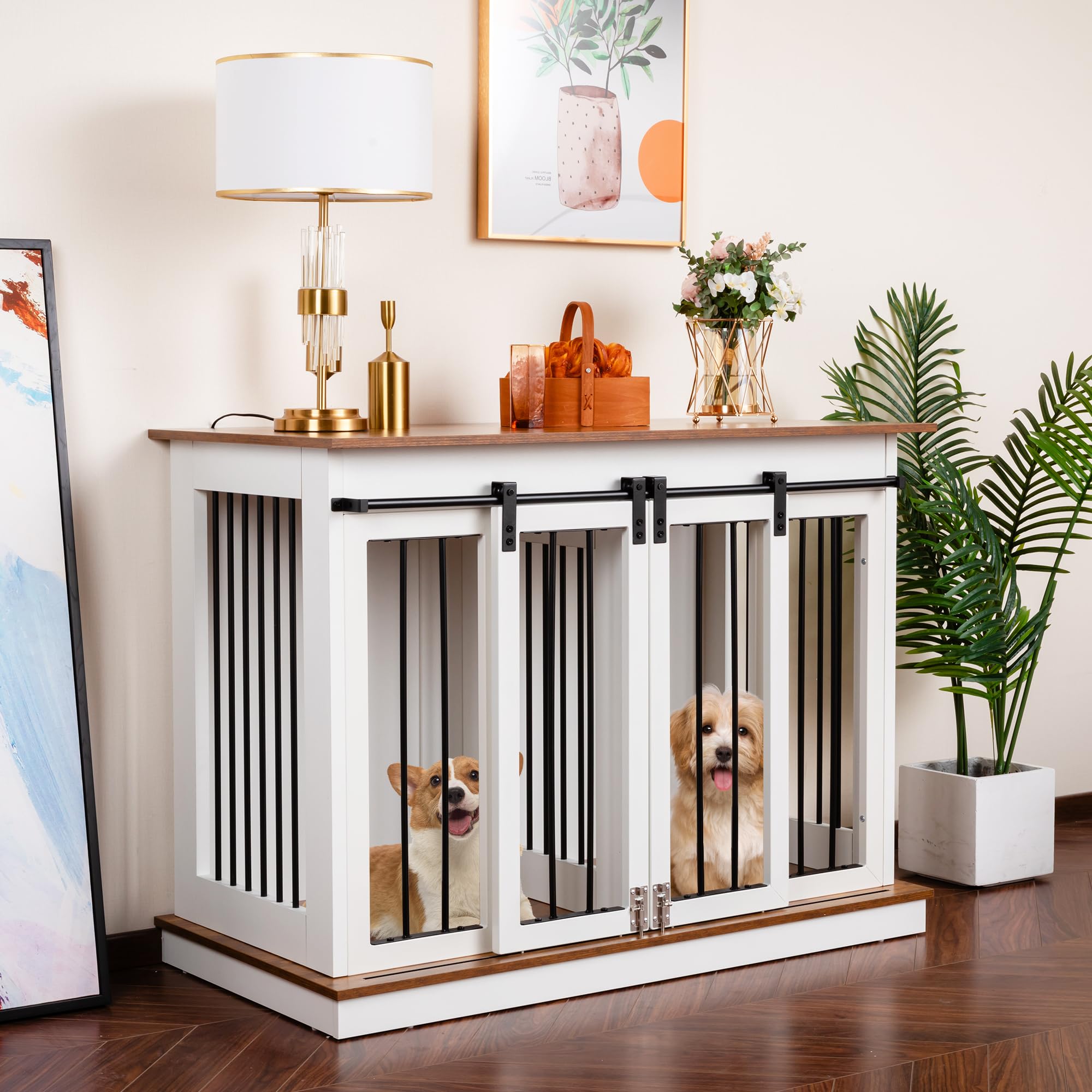 Sunseen Dog Crate Furniture Large Breed Wooden Dog Kennel with Room Divider & 3 Drawer,Double Doors Heavy Duty Dog Crate End Table Indoor TV Stand for Small Medium Large Dog 72''W*24''D*35''H,Black