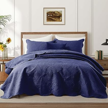 IR Imperial Rooms King Quilt Bedding Set Size (106" x 96") + 2 Pillow Shams (20" x 36"+ 2") - 3 Pcs All Season Lightweight Reversible Microfiber Coverlet Floral Embossed Quilt Bedspread (Blue)