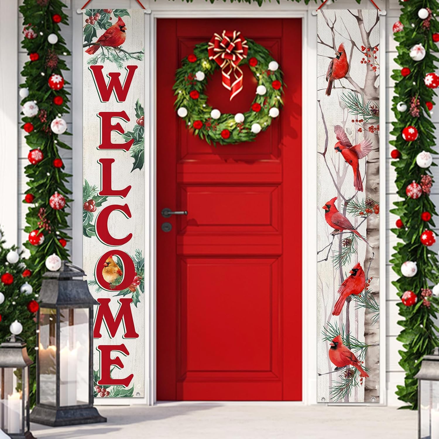 Welcome Christmas Cardinal Porch Banner Sign, Xmas Red Birds White Birch Front Door Decorative Hanging Banner Flag, Holly Berry Holiday Decoration Home Outdoor Decor