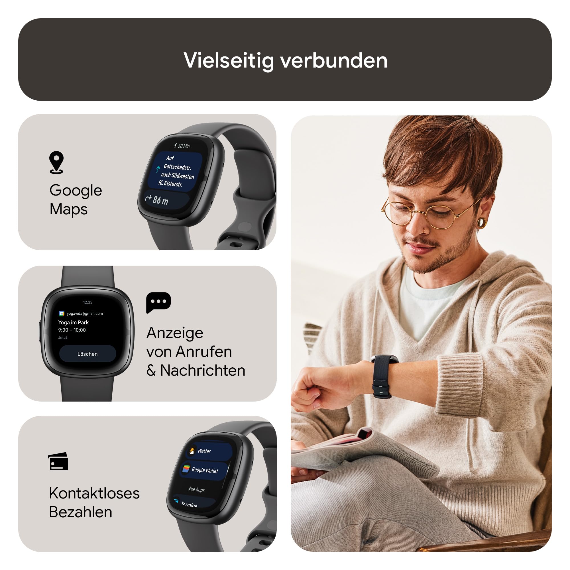Google Fitbit Sense 2 – Smartwatch Damen / Herren – Fitnessuhr mit integriertem GPS und Telefonfunktion – Fitness-Tracking mit Stressmanagement, EKG und Schlafanalyse – kompatibel mit Android/iOS