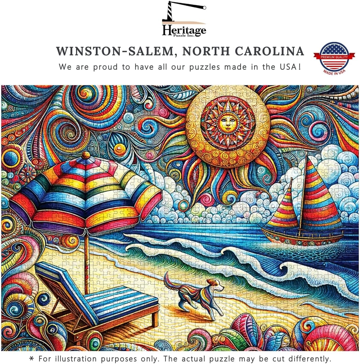 Heritage Puzzle Dog Days of Summer Jigsaw Puzzle - 550 Pieces, 24"" x 18"" - Colorful Beach Scene - Art by Peggy Collins - Made in U.S.A.