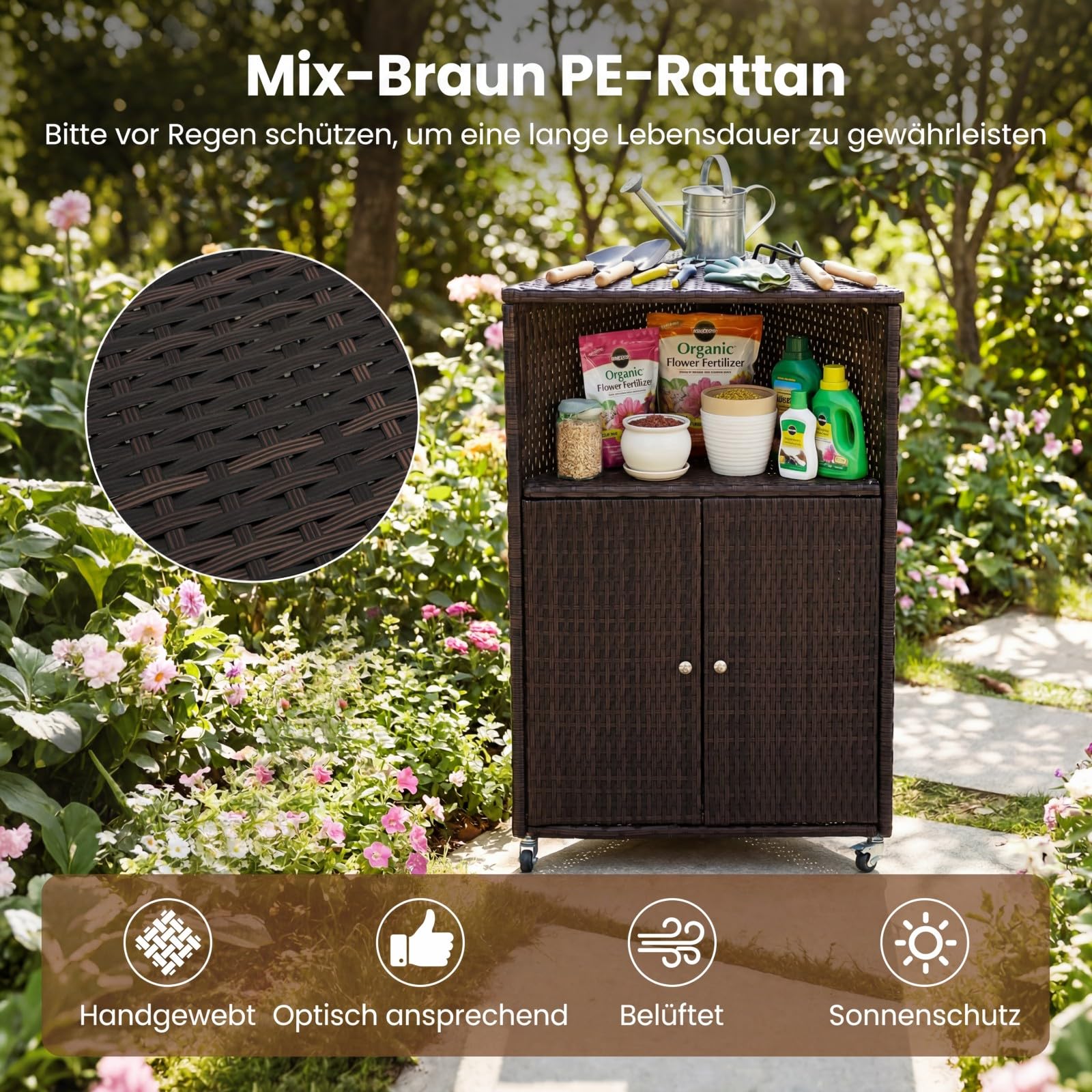 COSTWAY Gartenschrank Rattan Ecke, Terrassenschrank mit Rollen, offenem Fach und Doppeltür, Outdoor Aufbewahrungsschrank, Eckschrank für Garten, Terrasse, Balkon, 66 x 47 x 111 cm