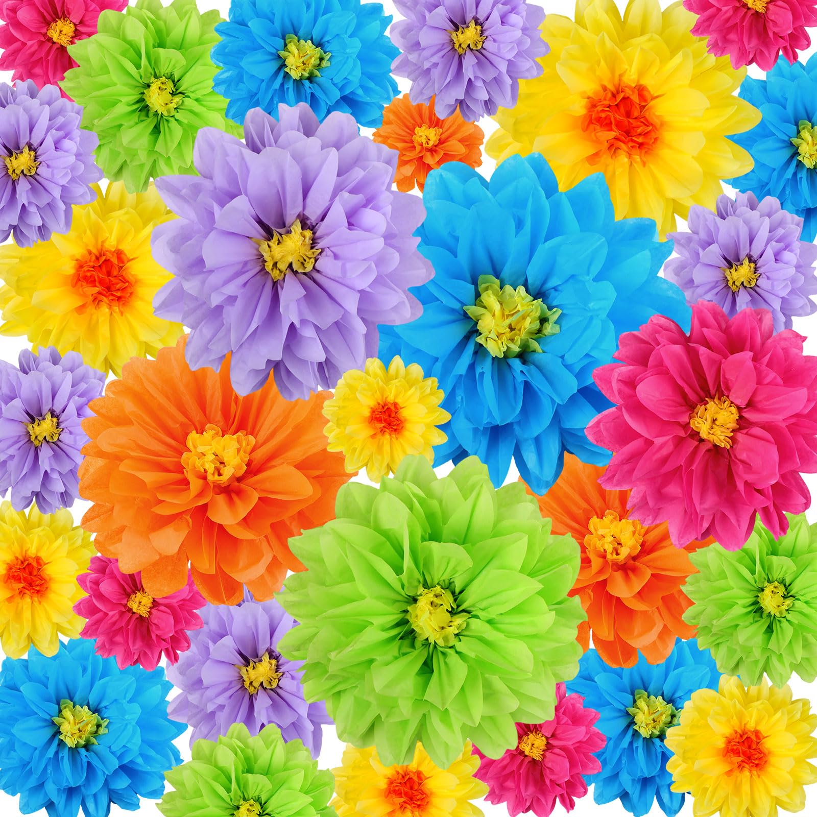 Photo 1 of Geyee 18 Pcs Mexican Paper Flowers Colorful Fiesta Tissue Paper Flowers Pom Poms Mexican Carnival for Floral Party Backdrop Wedding Birthday Party Craft, 6" 8" 10"(Bright Color)