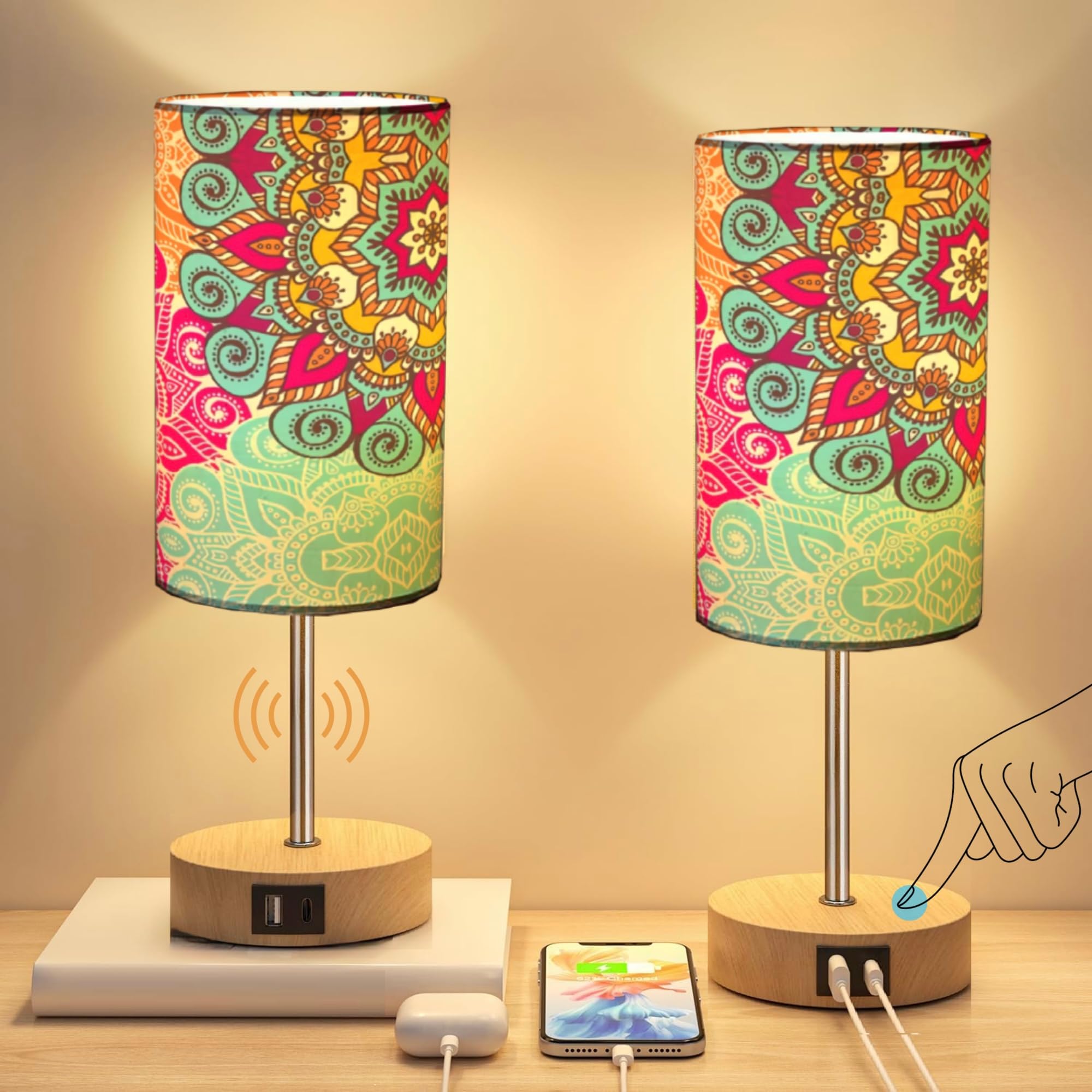 Bellaluma Set 2 Lampade da Comodino Touch LED con Porta USB, Abat Jour Moderne Dimmerabili 3 Livelli, Lampade Camera da Letto o Salotto, Lampadine Incluse, Regalo Premium Design (2 pezzi Bohémien)