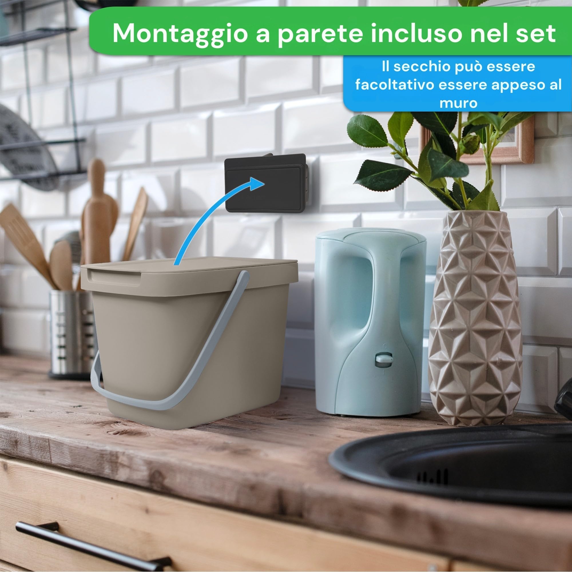 YourCasa® Pattumiera biologica da cucina – 6 l secchio per compost da cucina per tutti i giorni, contenitore per rifiuti biologici – con coperchio e gancio a parete – Pattumiera biologica piccola –