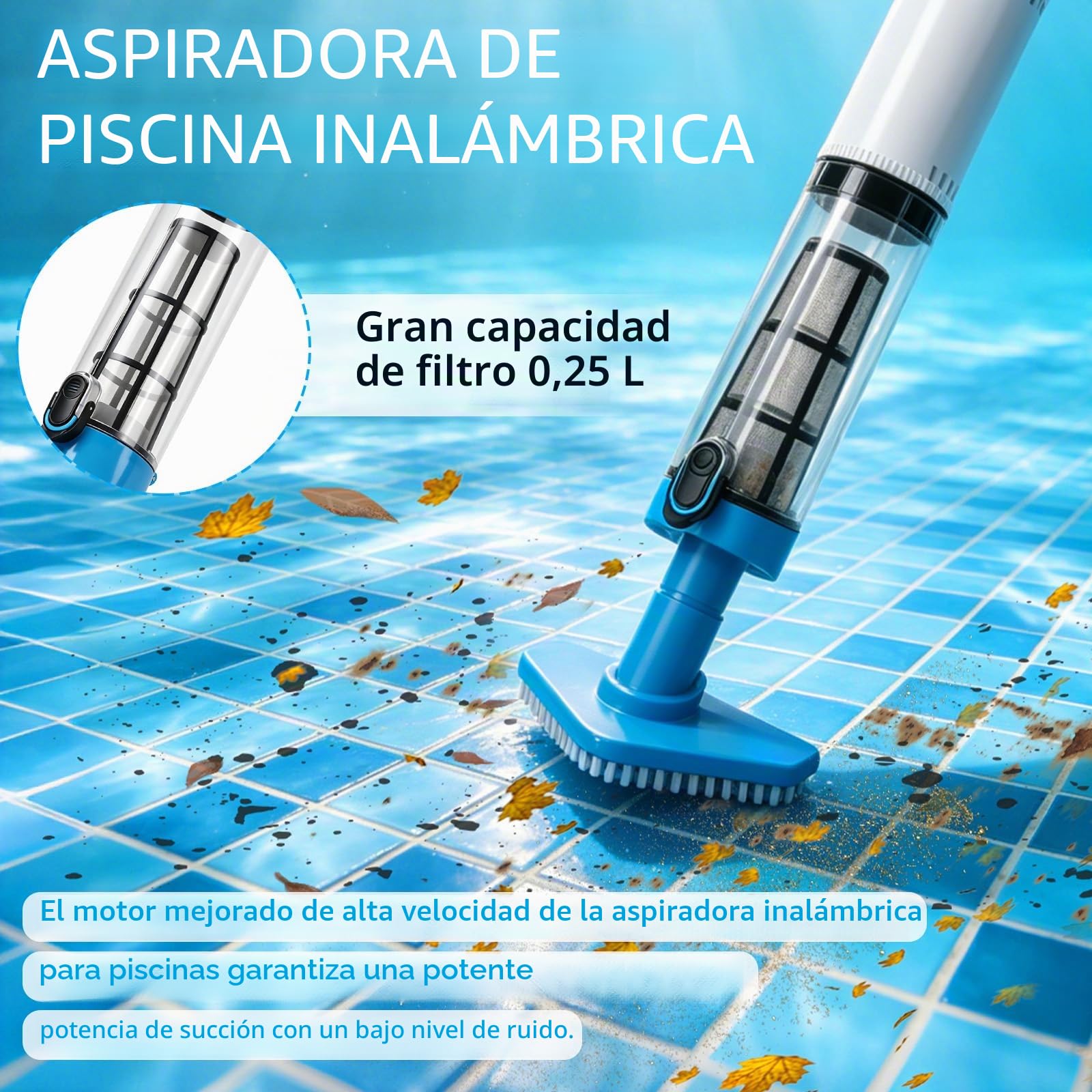Aspirador de piscina inalámbrico con batería de 1600 mAh, 3 cabezales, máx. 165 cm | Limpiador de piscina portátil con barra de extensión, filtro, aspiradora para piscina, jacuzzi y piscina infantil