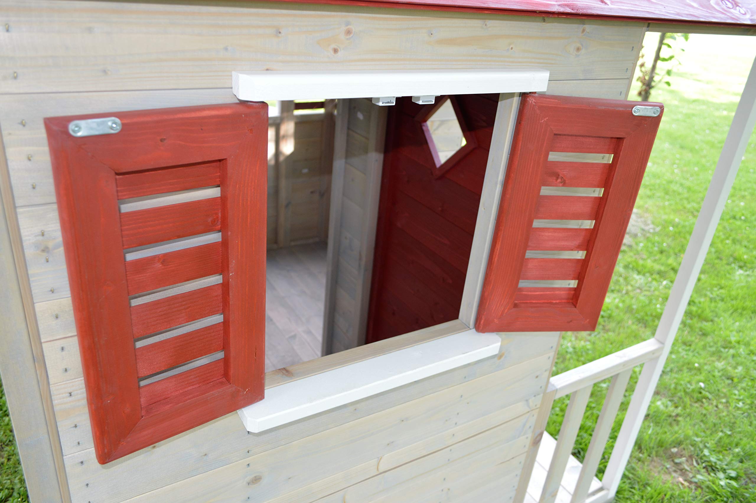 casa de Juegos de Madera para niños jardín 120×155×168 cm con Puerta, Ventana, persianas, terraza y estantería Interior, Color Rojo – M12R
