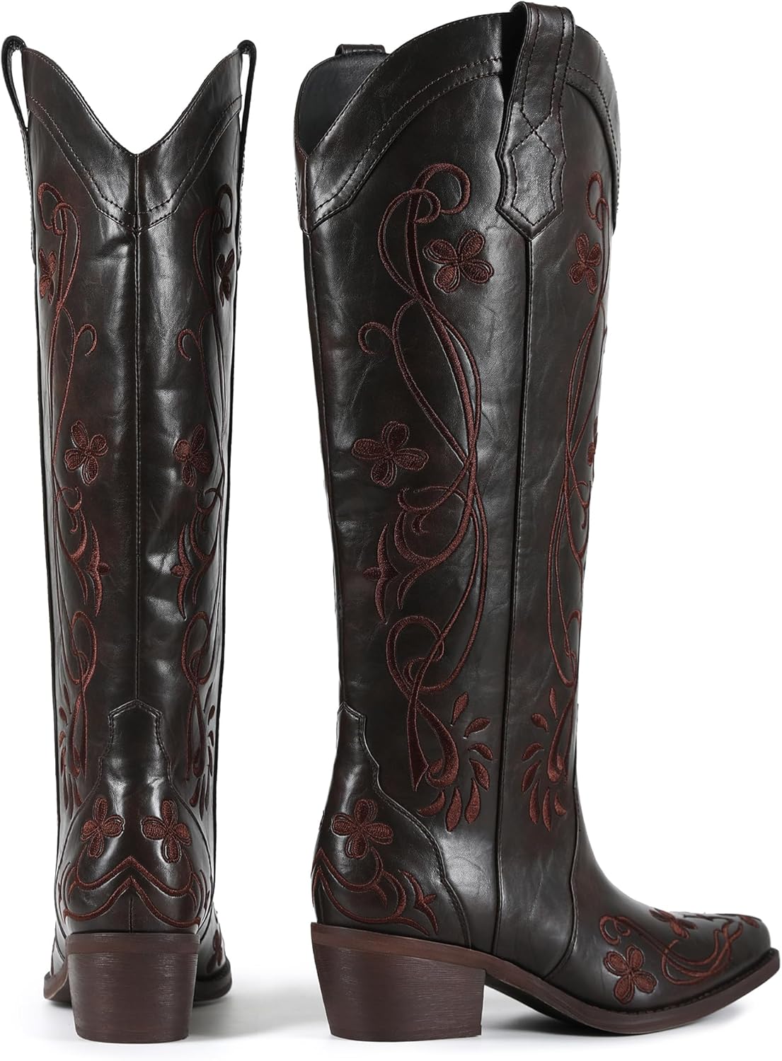Cowboy Boots for Women Knee High Cowgirl Boots with Floral Embroidered Pointed Toe Low Chunky Heel Pull On Vintage Western Country Tall Boots-Wide Calf Friendly